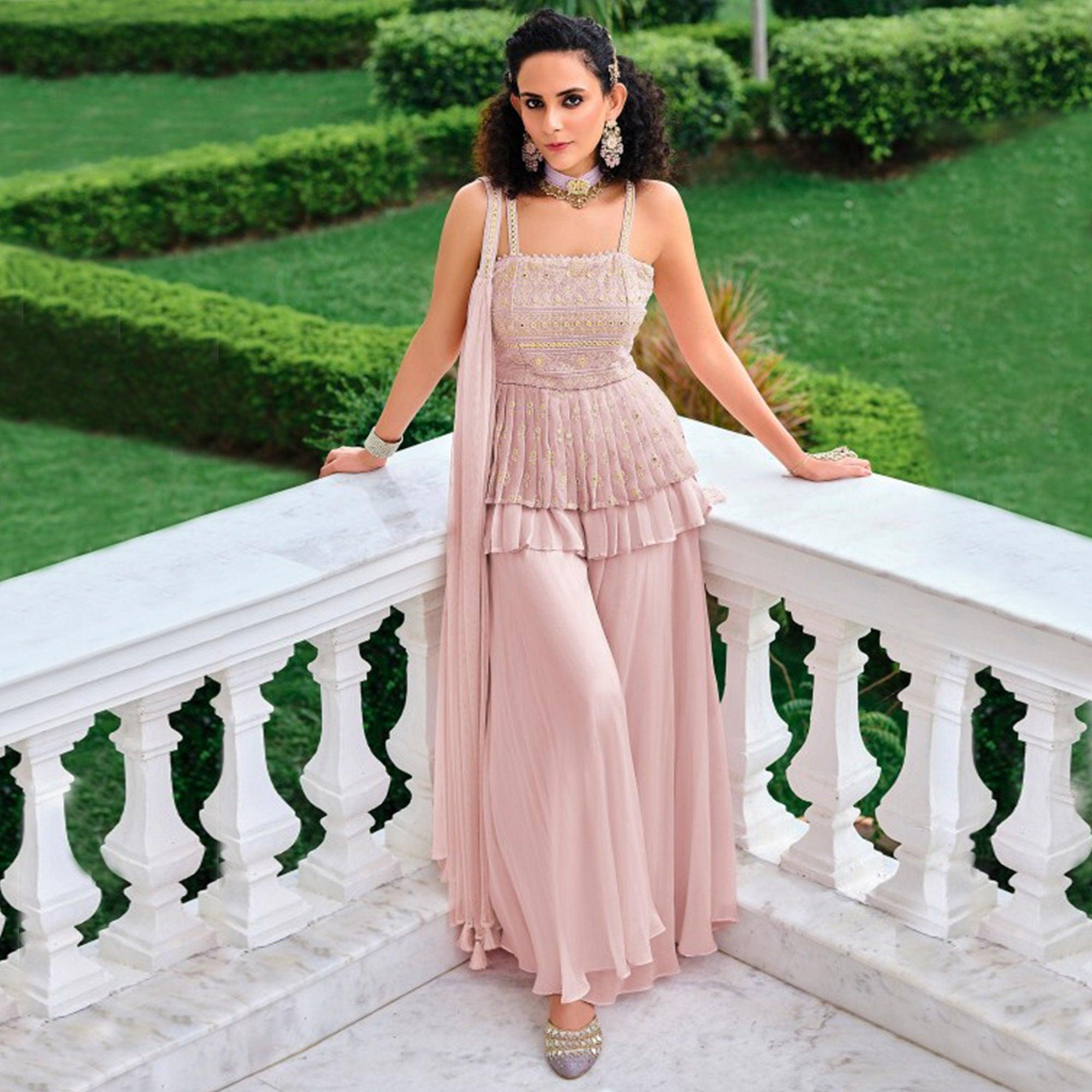 Pink Embroidered Georgette Sharara Suit - Peachmode