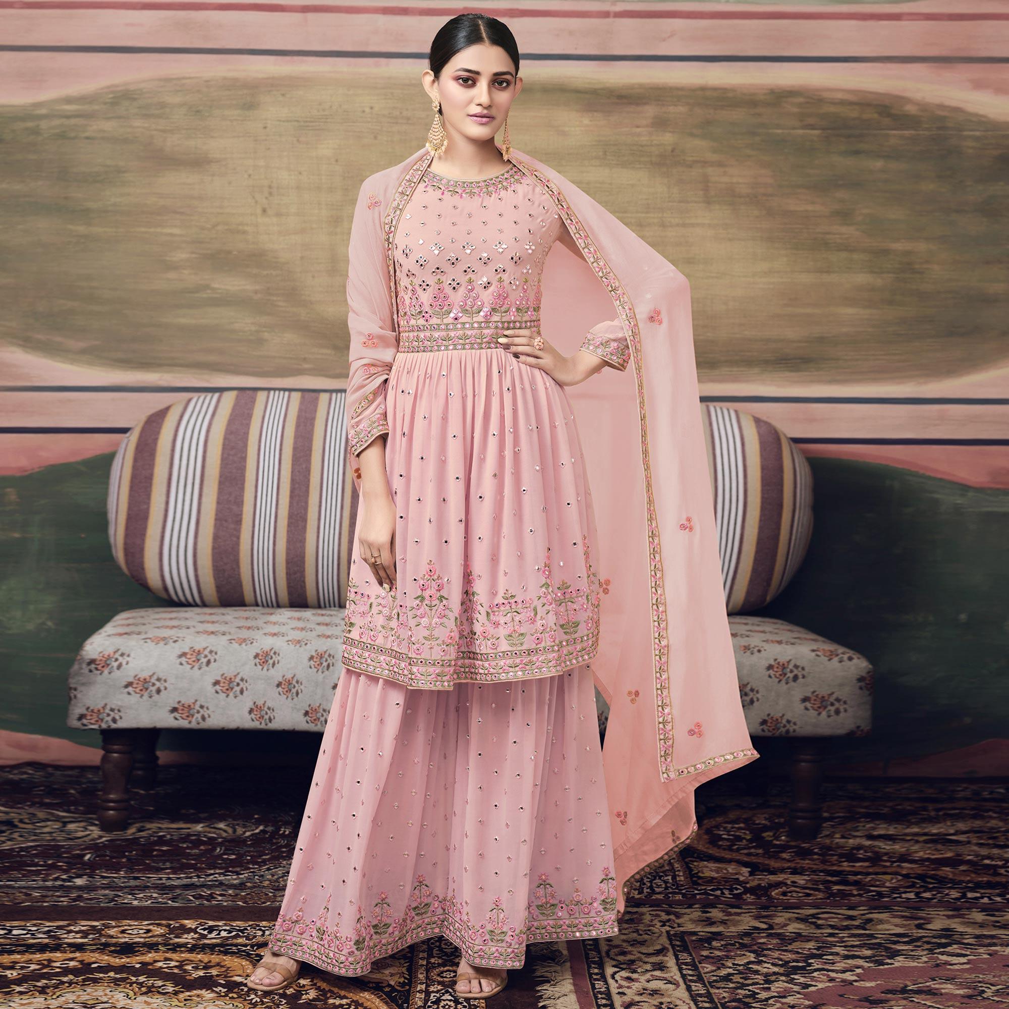 Pink Embroidered Georgette Sharara Suit - Peachmode