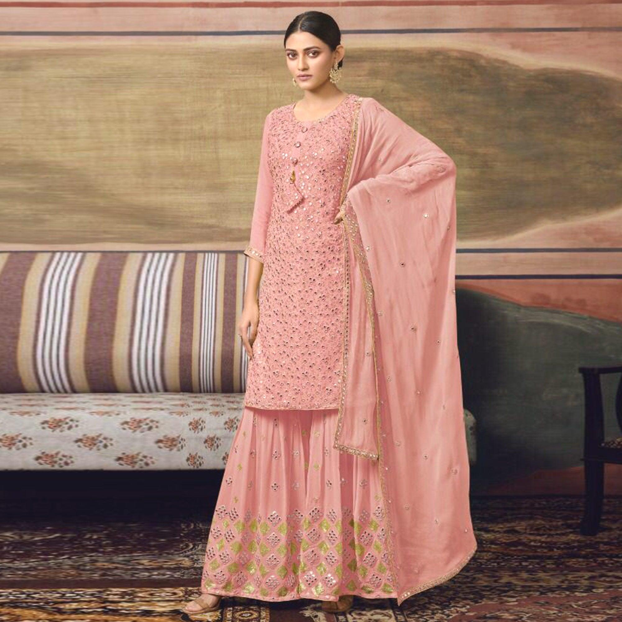 Pink Embroidered Georgette Sharara Suit - Peachmode