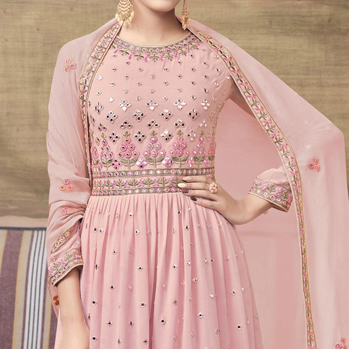 Pink Embroidered Georgette Sharara Suit - Peachmode