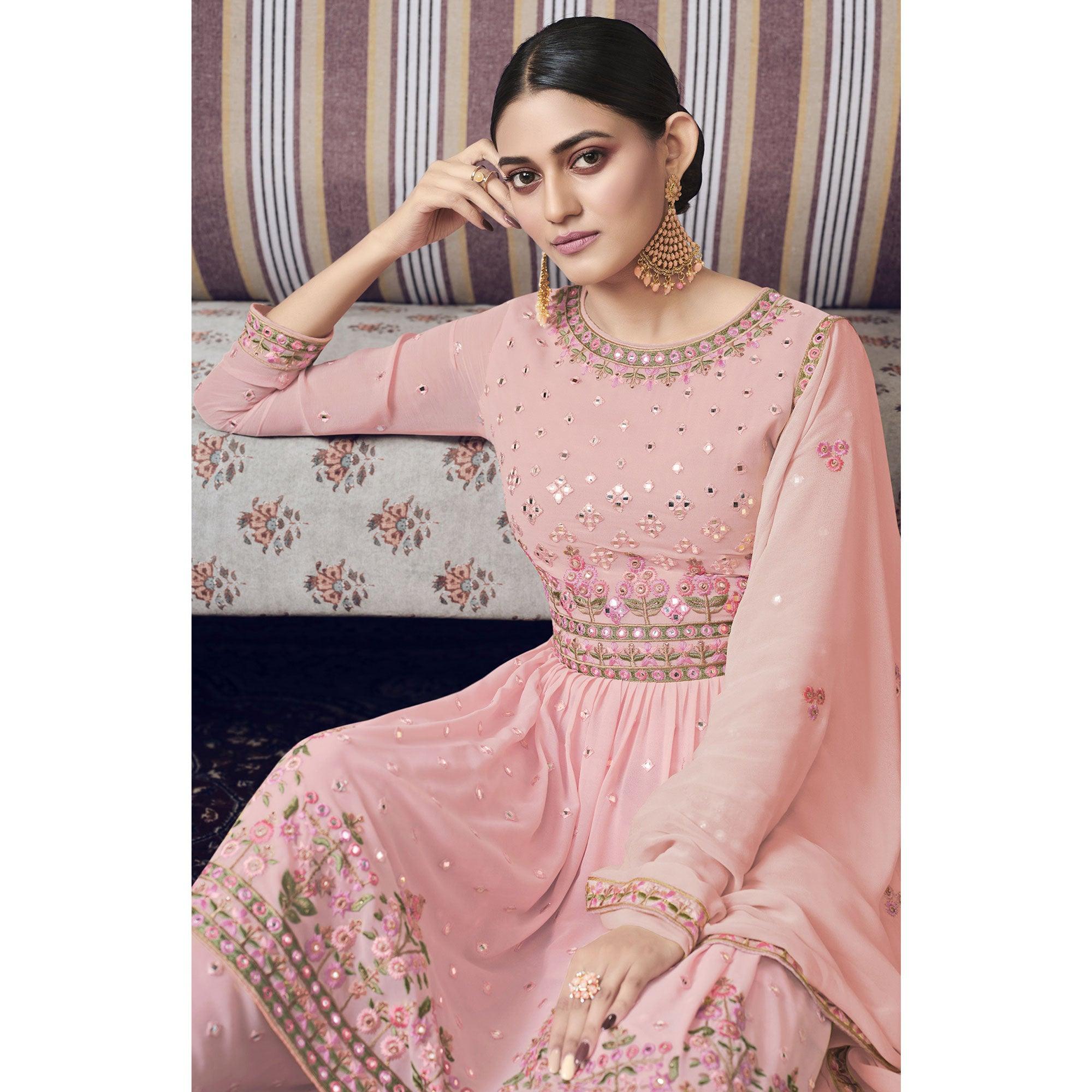 Pink Embroidered Georgette Sharara Suit - Peachmode