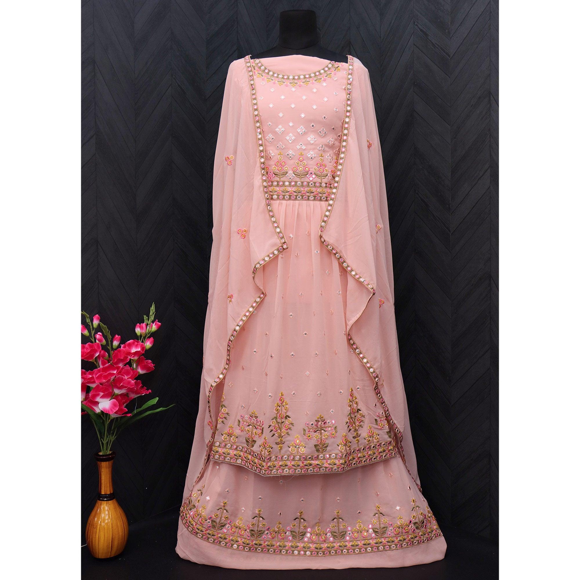 Pink Embroidered Georgette Sharara Suit - Peachmode