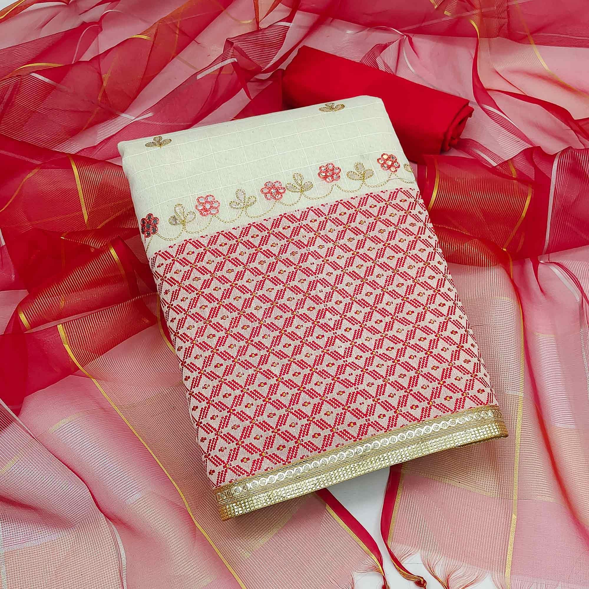 Pink Embroidered Jacquard Dress Material - Peachmode