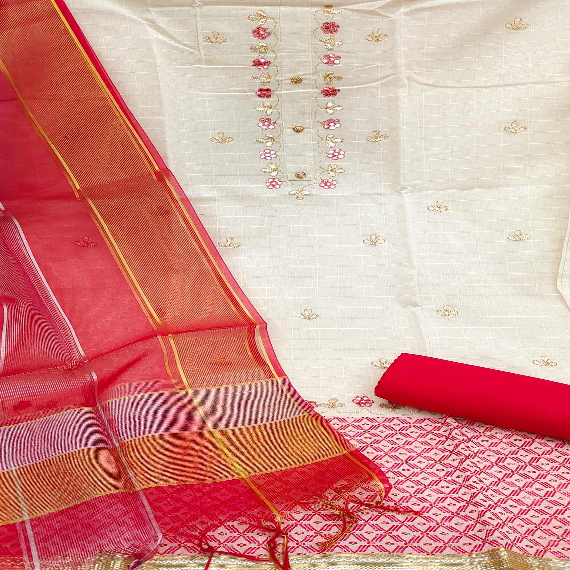 Pink Embroidered Jacquard Dress Material - Peachmode