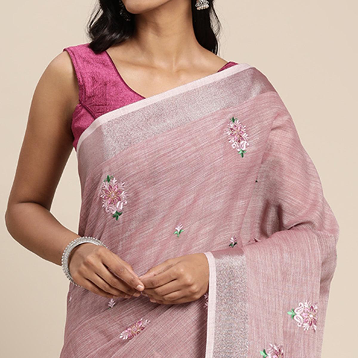 Pink Embroidered Linen Saree With Tassels - Peachmode