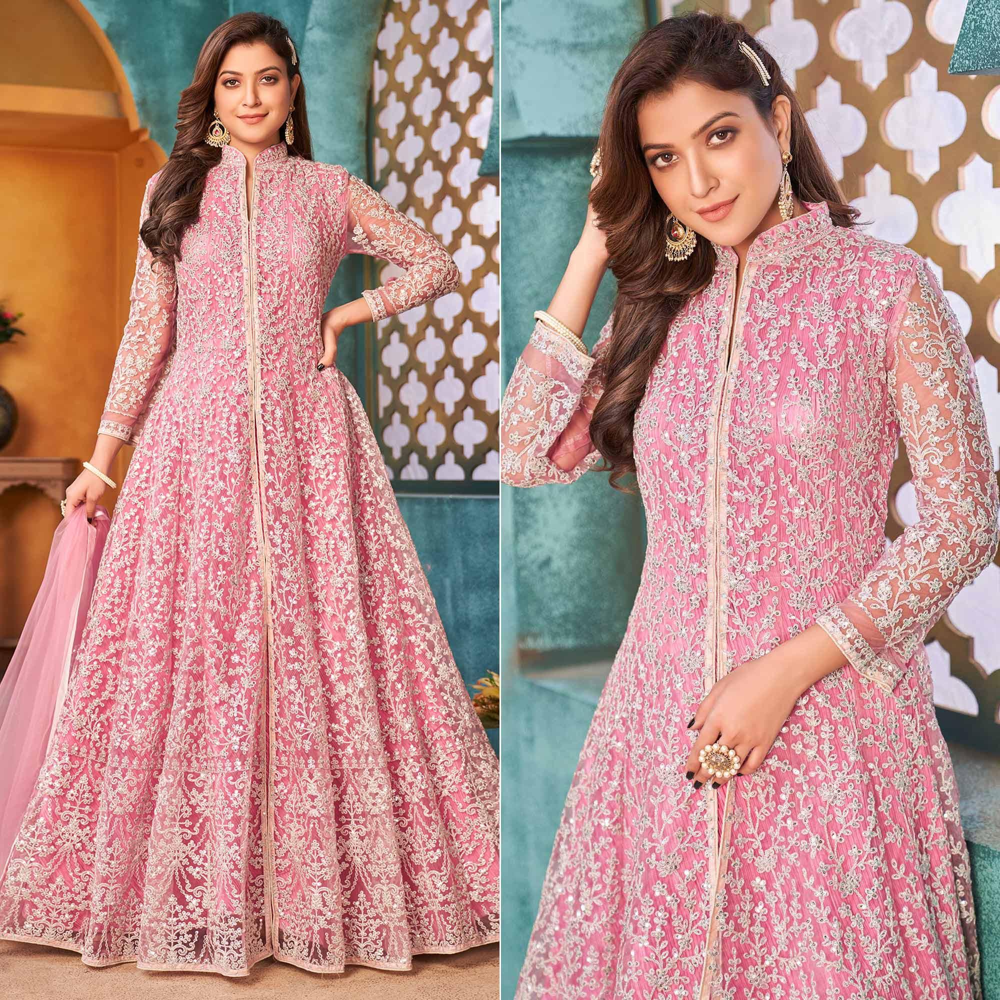 Pink Embroidered Netted Anarkali Style Gown - Peachmode
