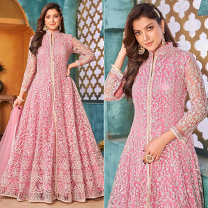 Pink Embroidered Netted Anarkali Style Gown - Peachmode