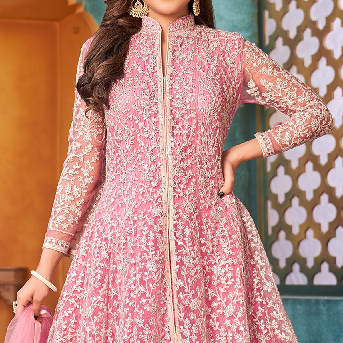 Pink Embroidered Netted Anarkali Style Gown - Peachmode