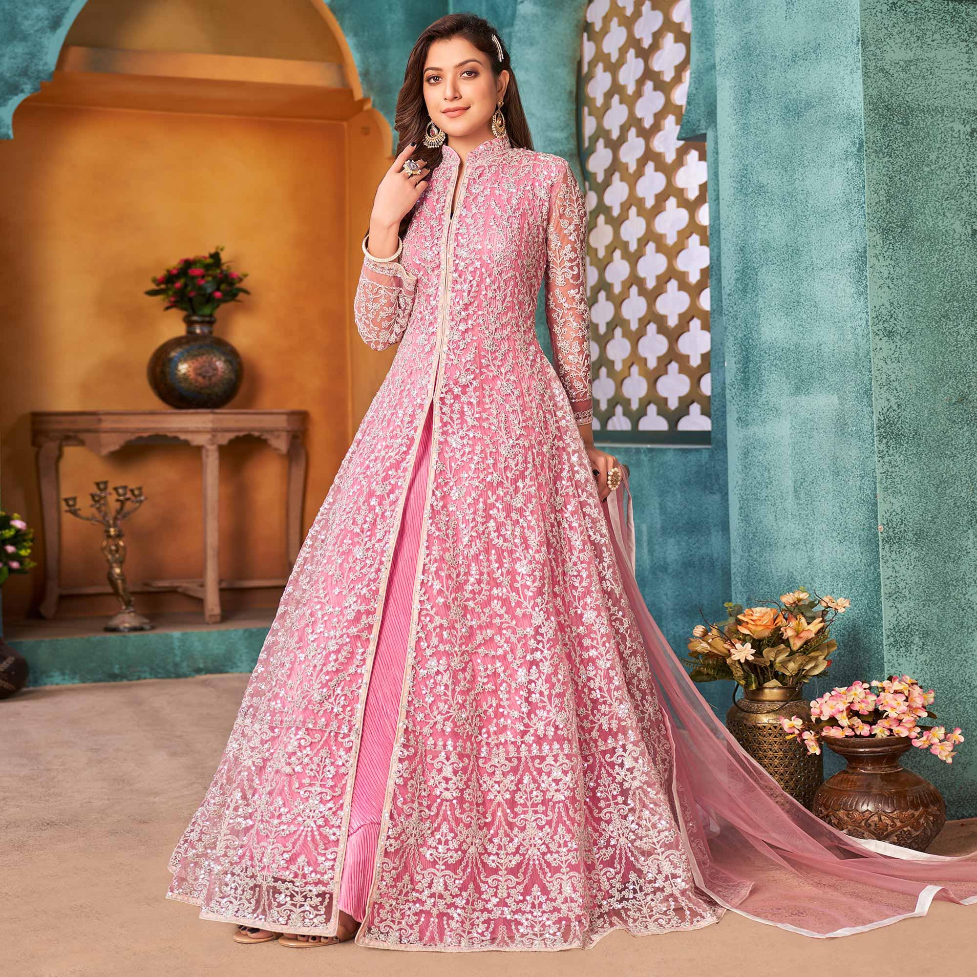 Pink Embroidered Netted Anarkali Style Gown - Peachmode
