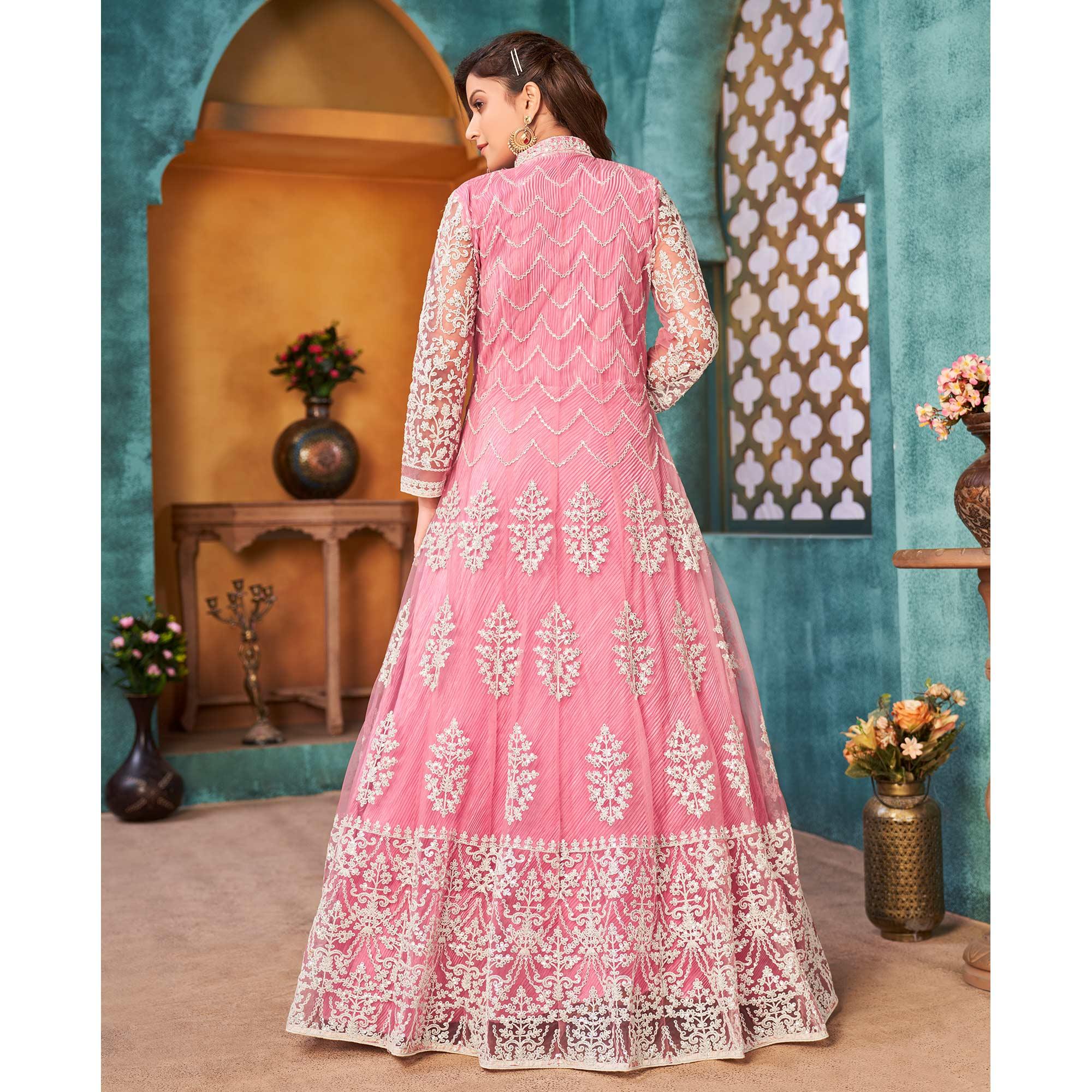 Pink Embroidered Netted Anarkali Style Gown - Peachmode