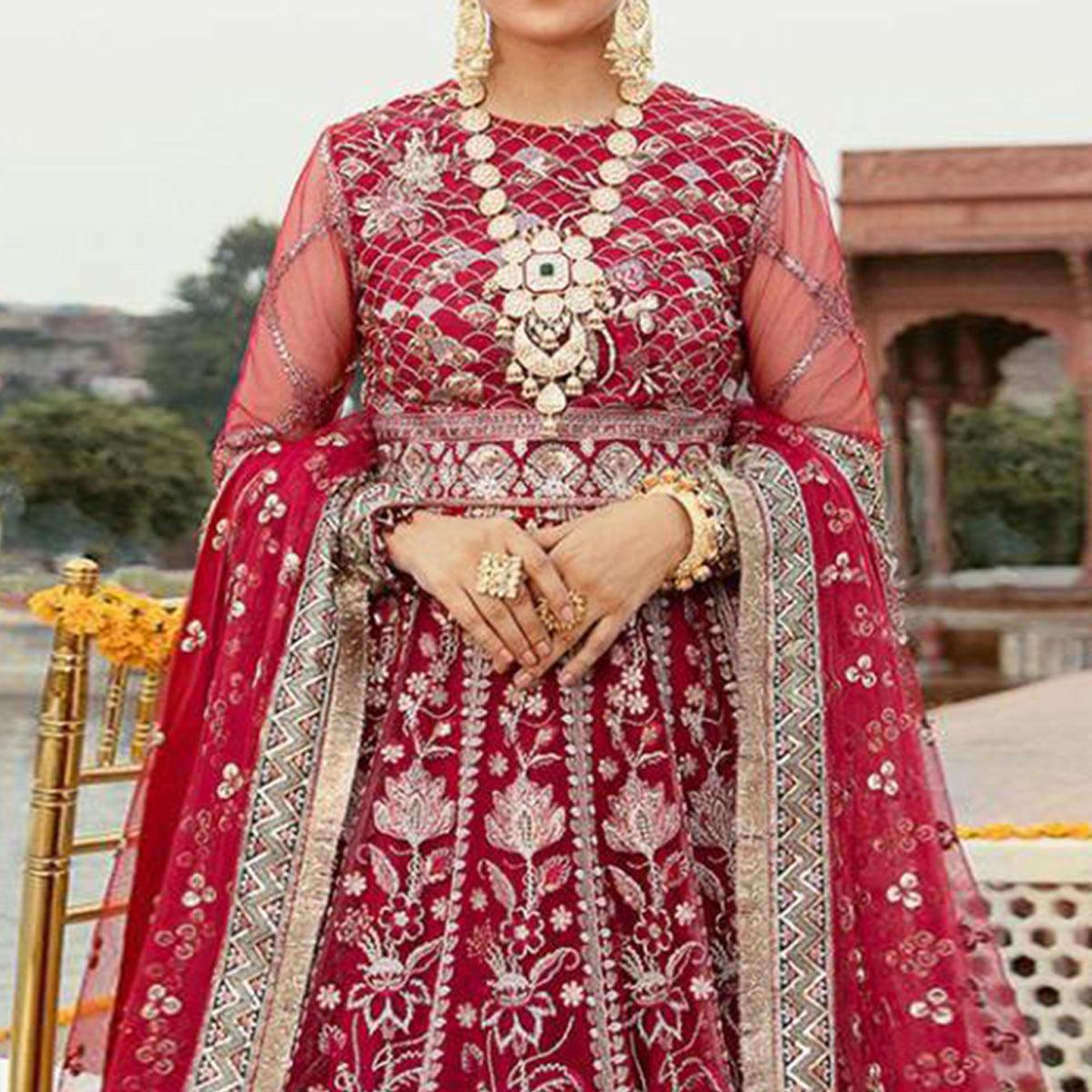 Pink Embroidered Netted Pakistani Suit - Peachmode