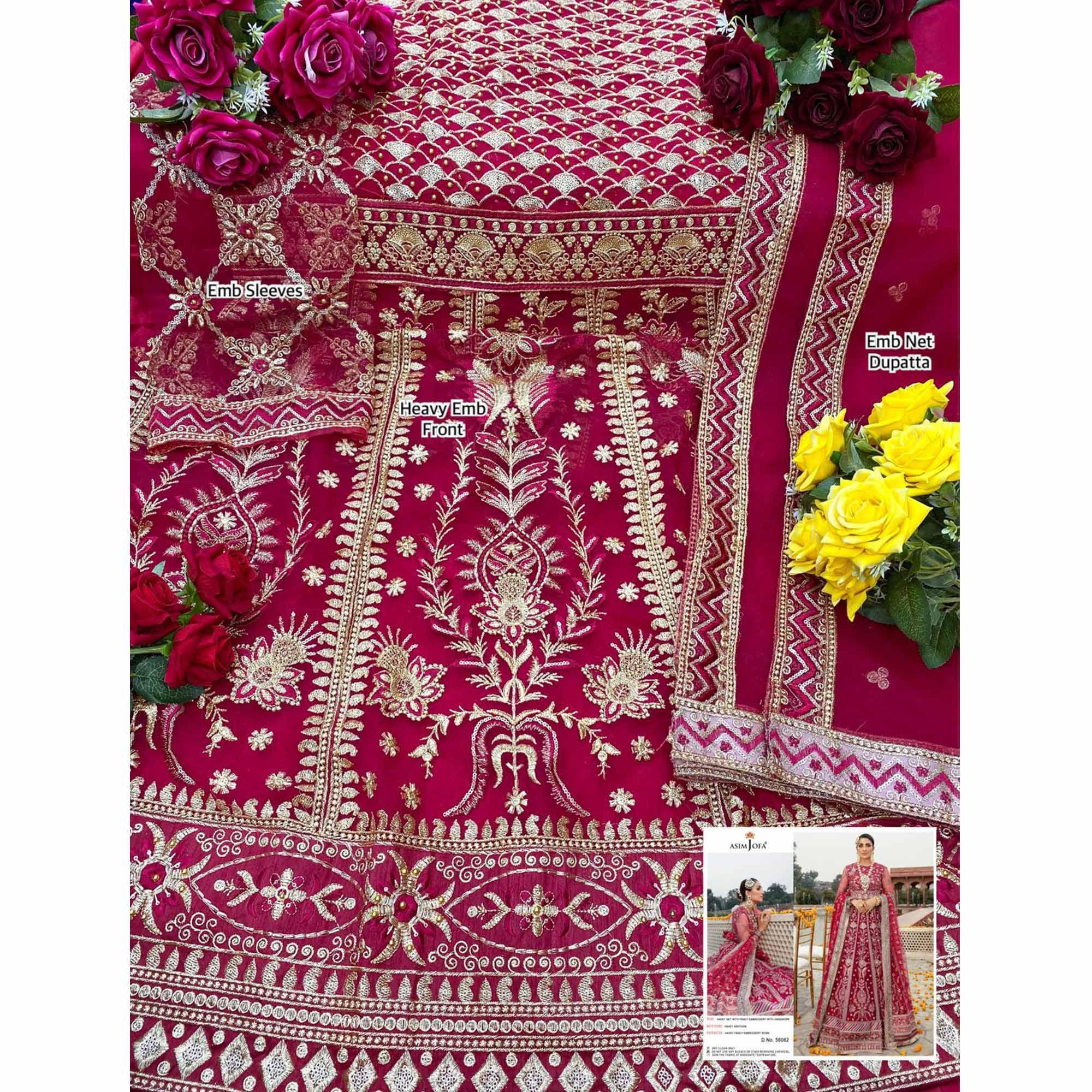 Pink Embroidered Netted Pakistani Suit - Peachmode