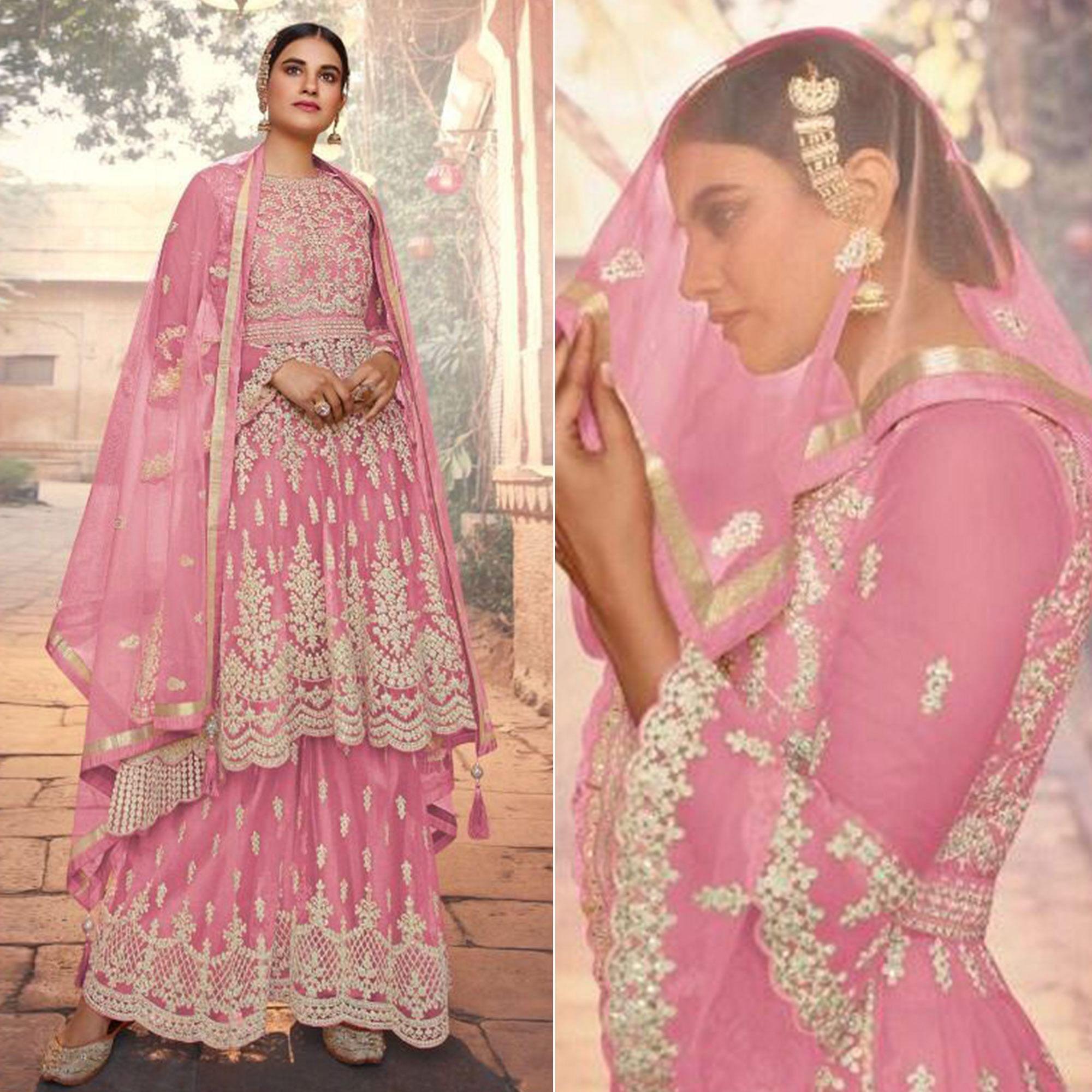 Pink Embroidered Netted Sharara Suit - Peachmode