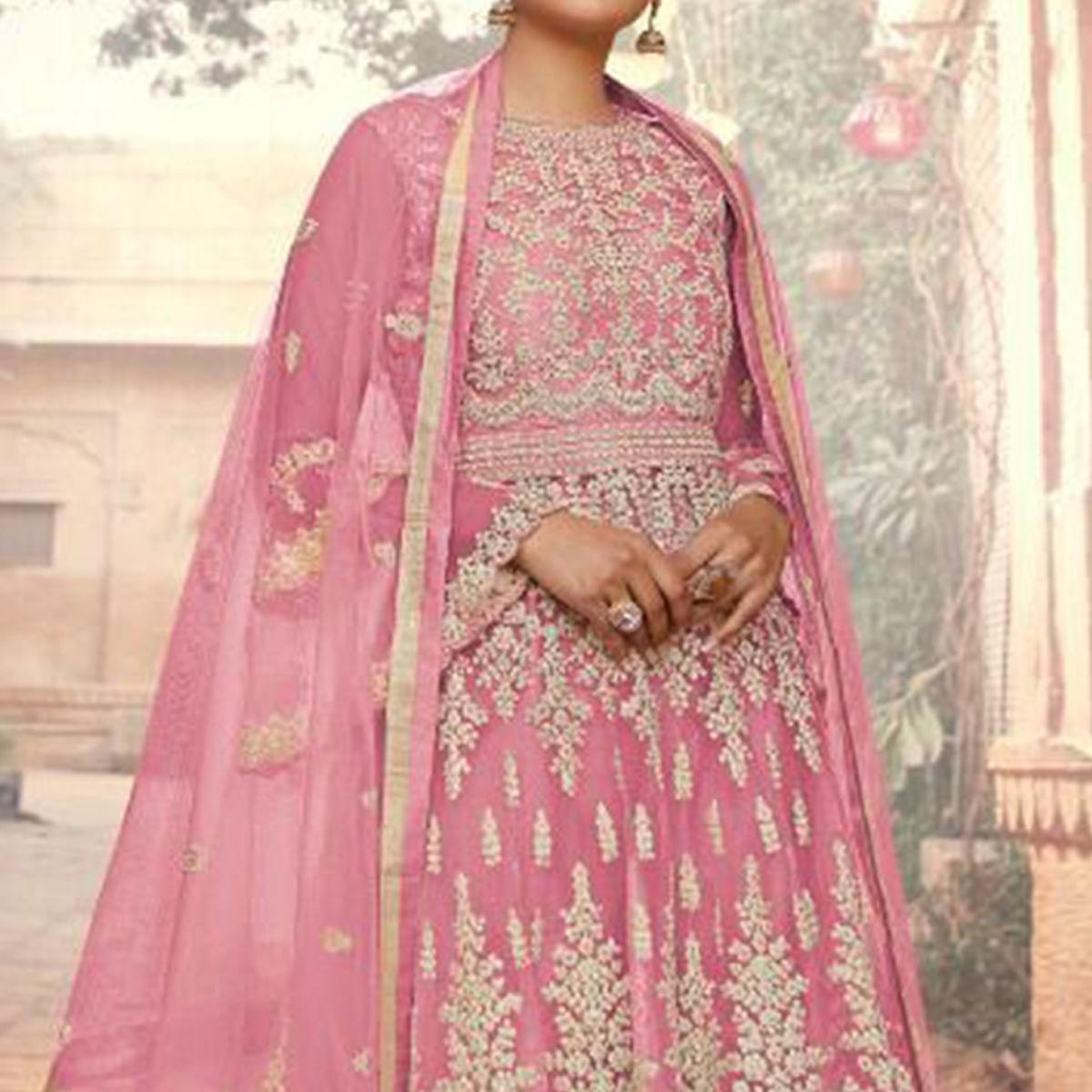 Pink Embroidered Netted Sharara Suit - Peachmode