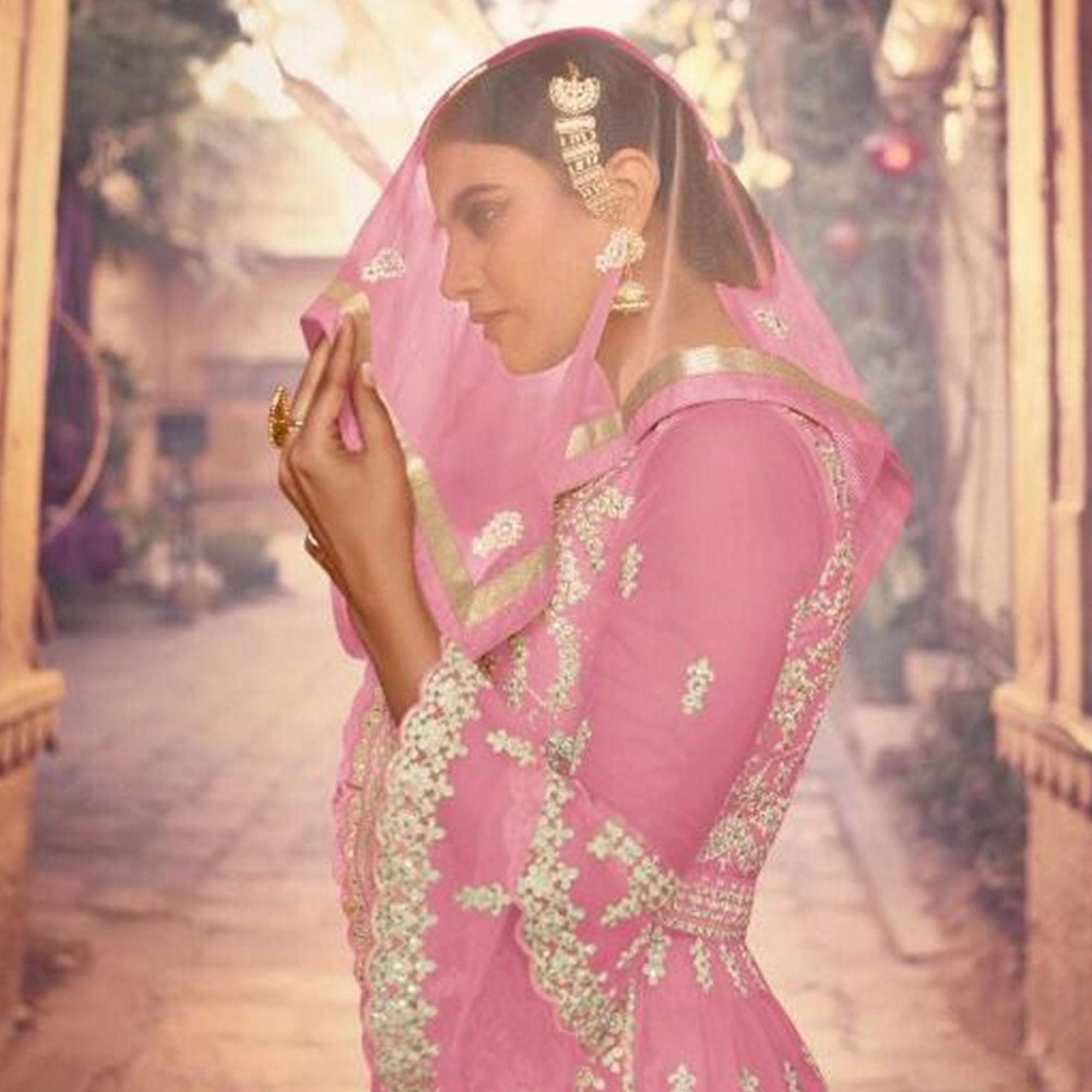 Pink Embroidered Netted Sharara Suit - Peachmode
