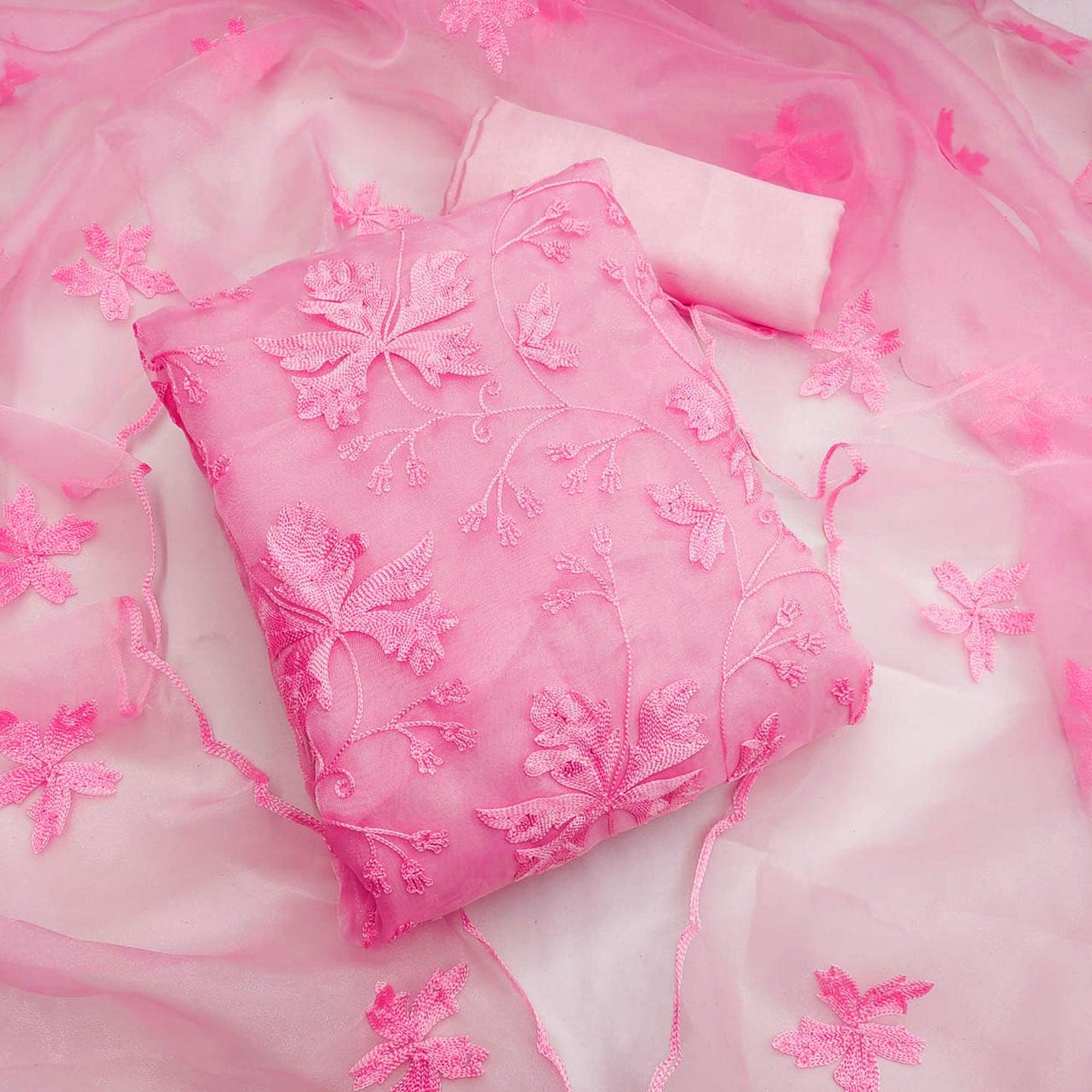 Pink Embroidered Organza Dress Material - Peachmode