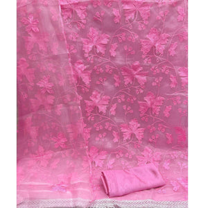 Pink Embroidered Organza Dress Material - Peachmode
