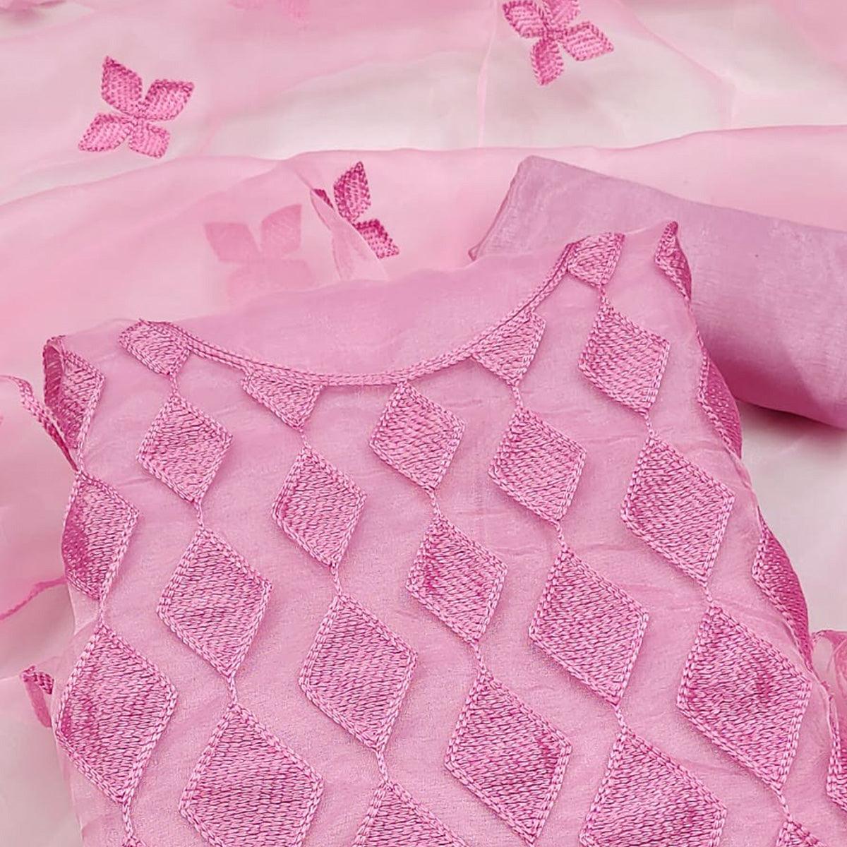 Pink Embroidered Organza Dress Material - Peachmode