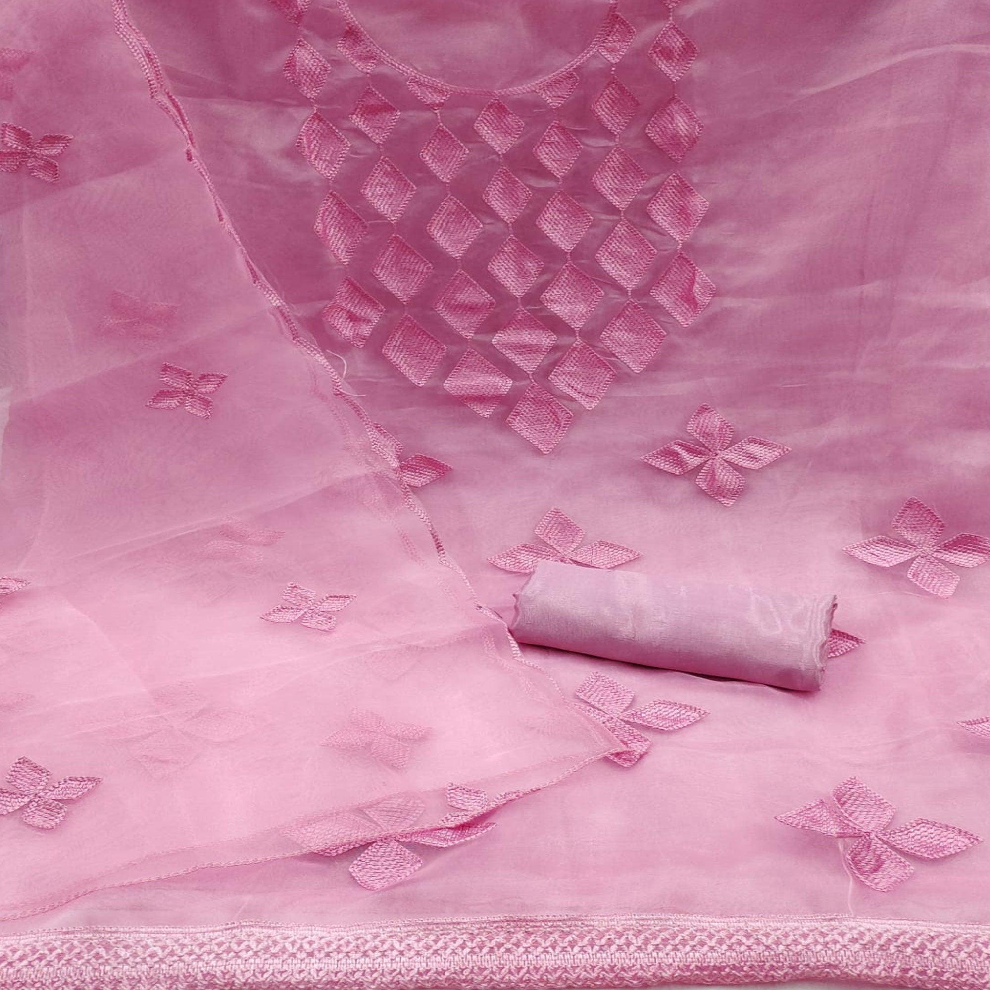 Pink Embroidered Organza Dress Material - Peachmode
