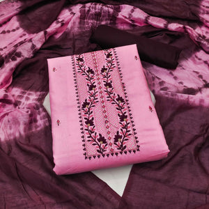 Pink Embroidered Poly Cotton Dress Material - Peachmode