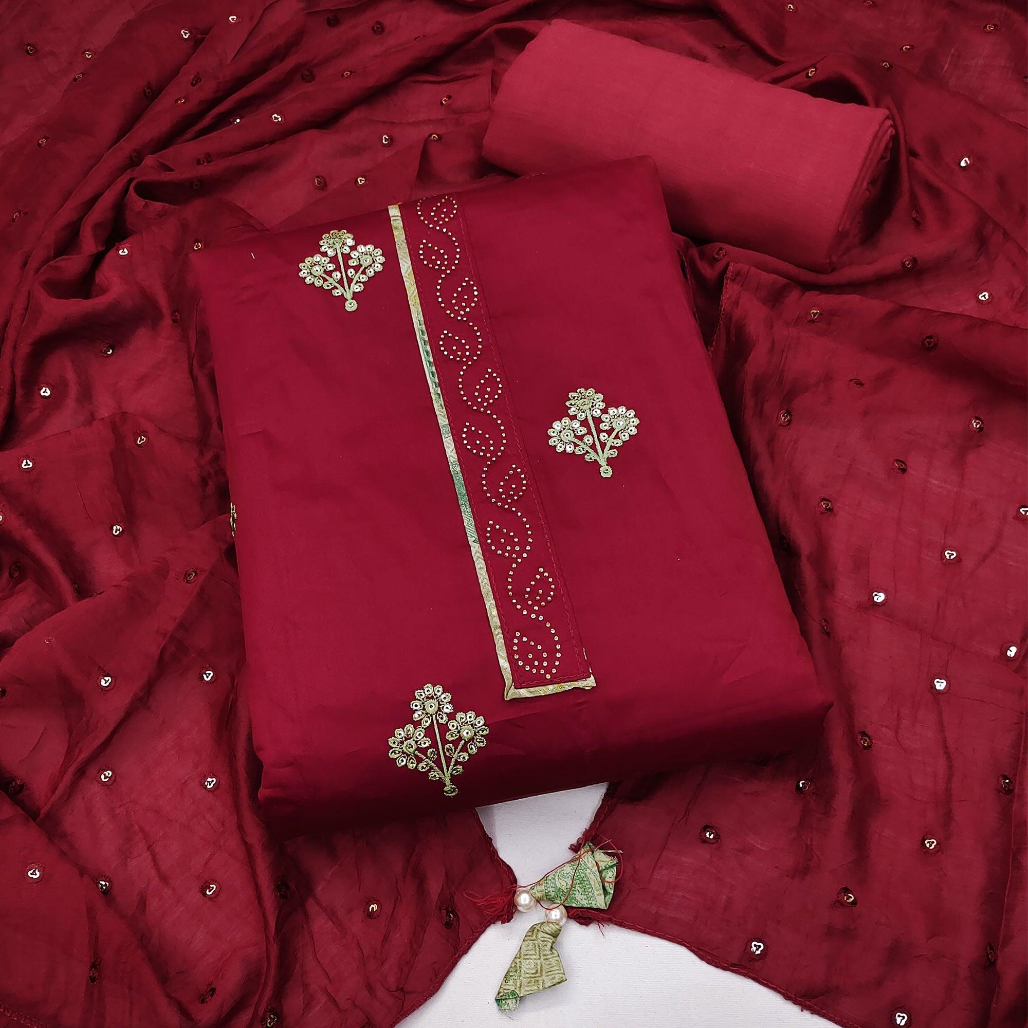 Pink Embroidered Poly Cotton Dress Material - Peachmode