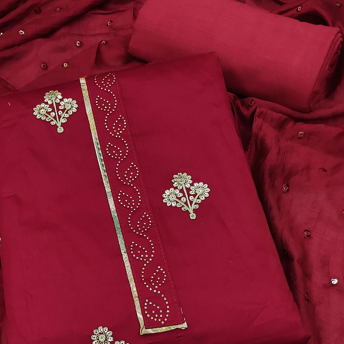 Pink Embroidered Poly Cotton Dress Material - Peachmode