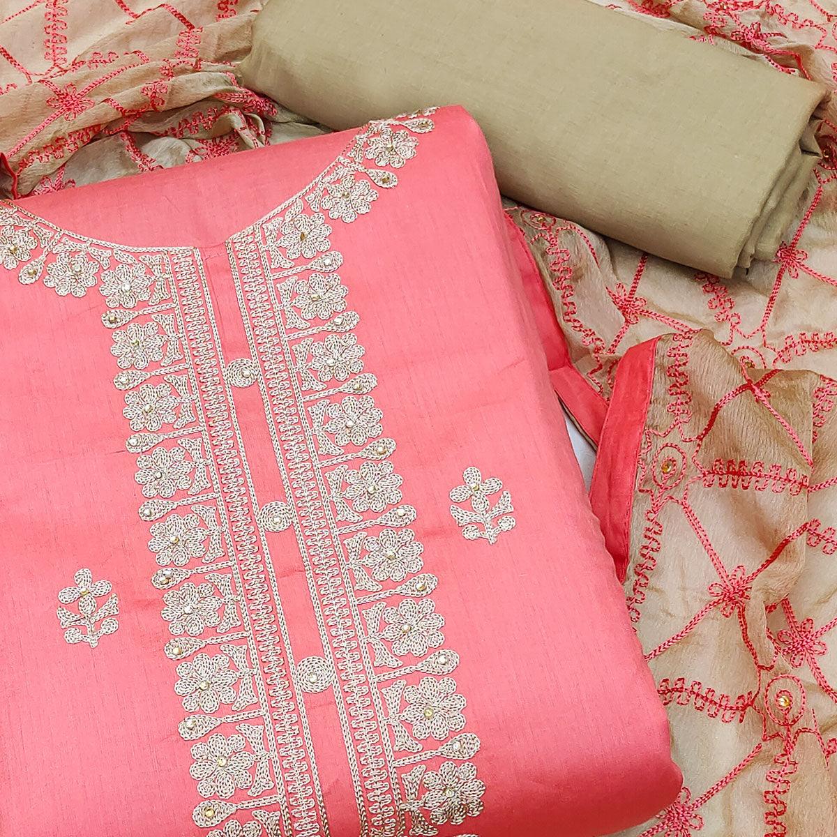 Pink Embroidered Poly Cotton Dress Material - Peachmode