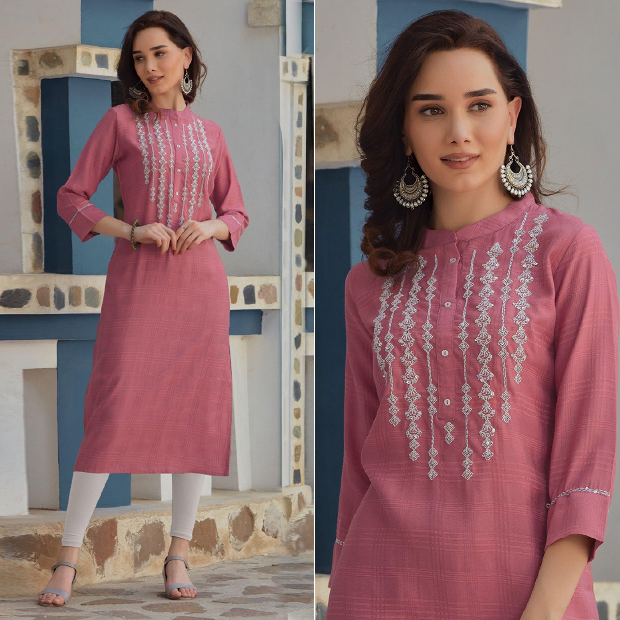 Pink Embroidered Poly Cotton Kurti - Peachmode