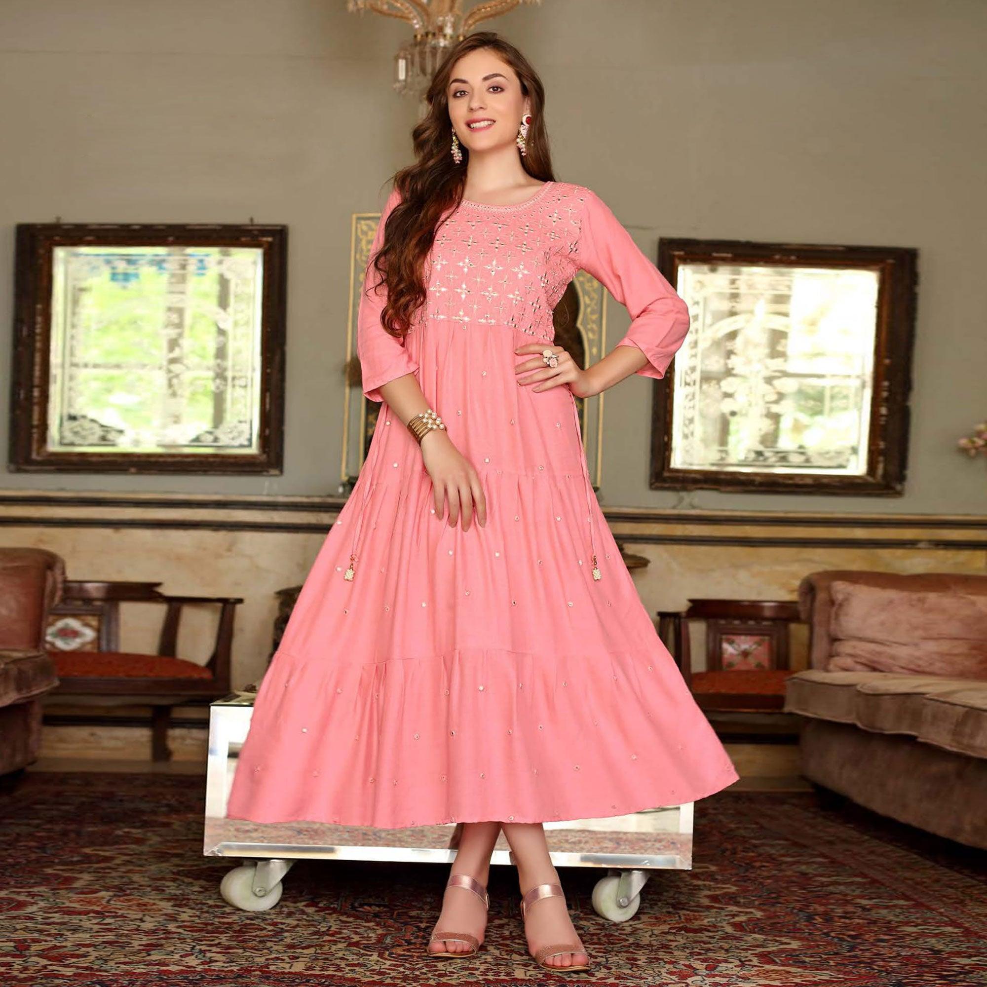 Pink Embroidered Poly Cotton Kurti - Peachmode