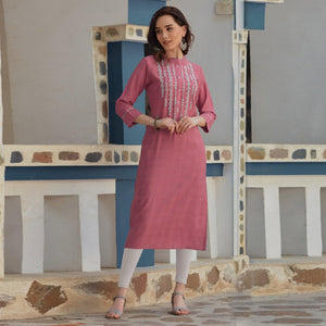 Pink Embroidered Poly Cotton Kurti - Peachmode