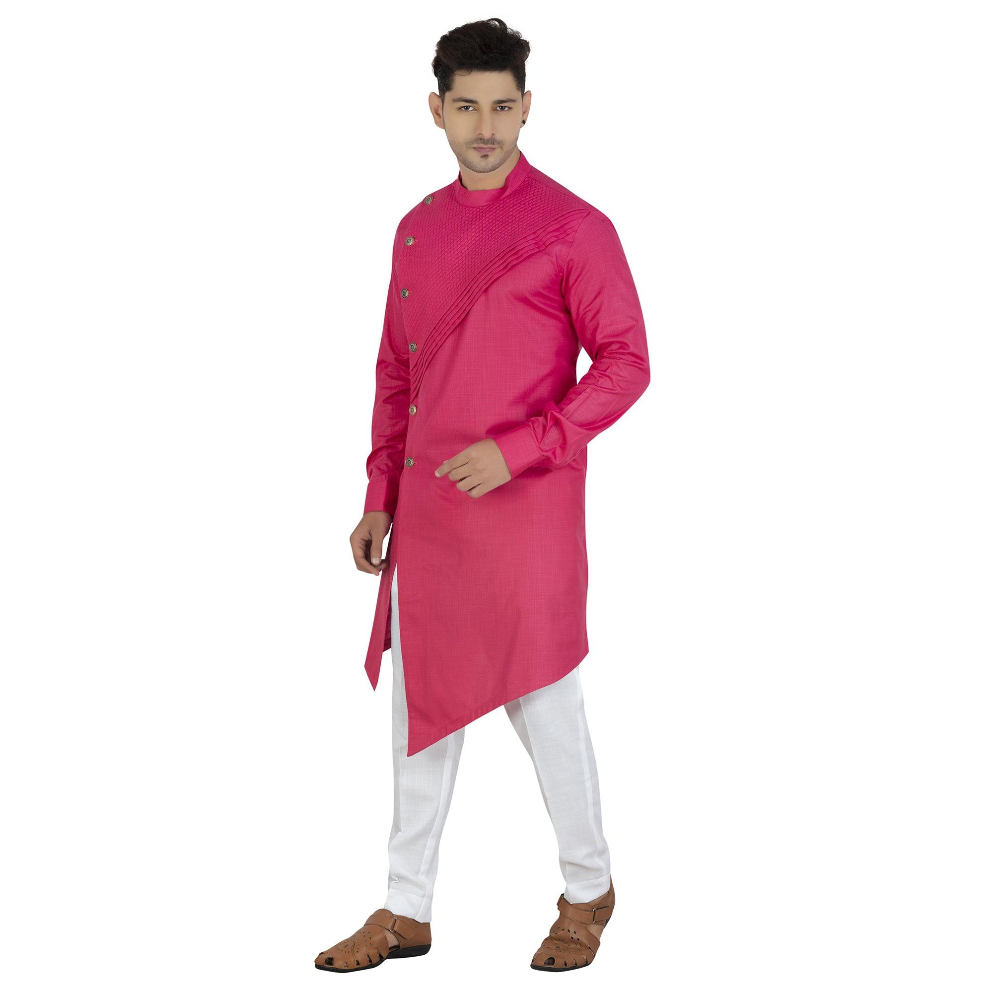 Pink Embroidered Poly Cotton Men's Kurta Pyjama Set - Peachmode
