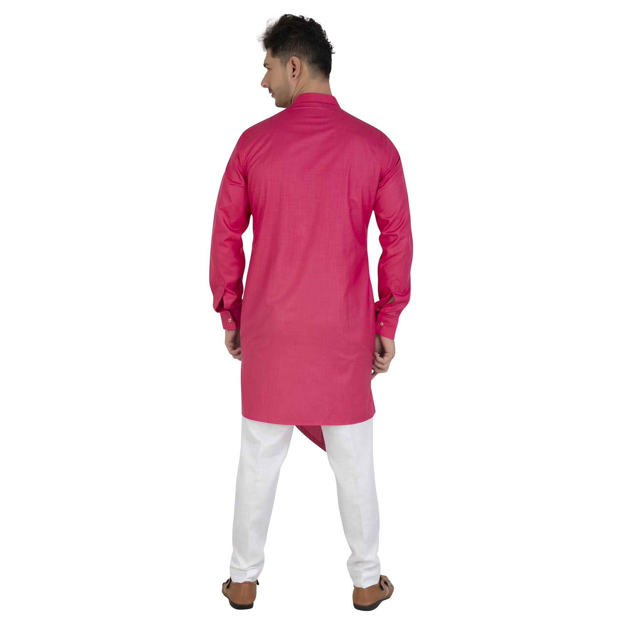 Pink Embroidered Poly Cotton Men's Kurta Pyjama Set - Peachmode