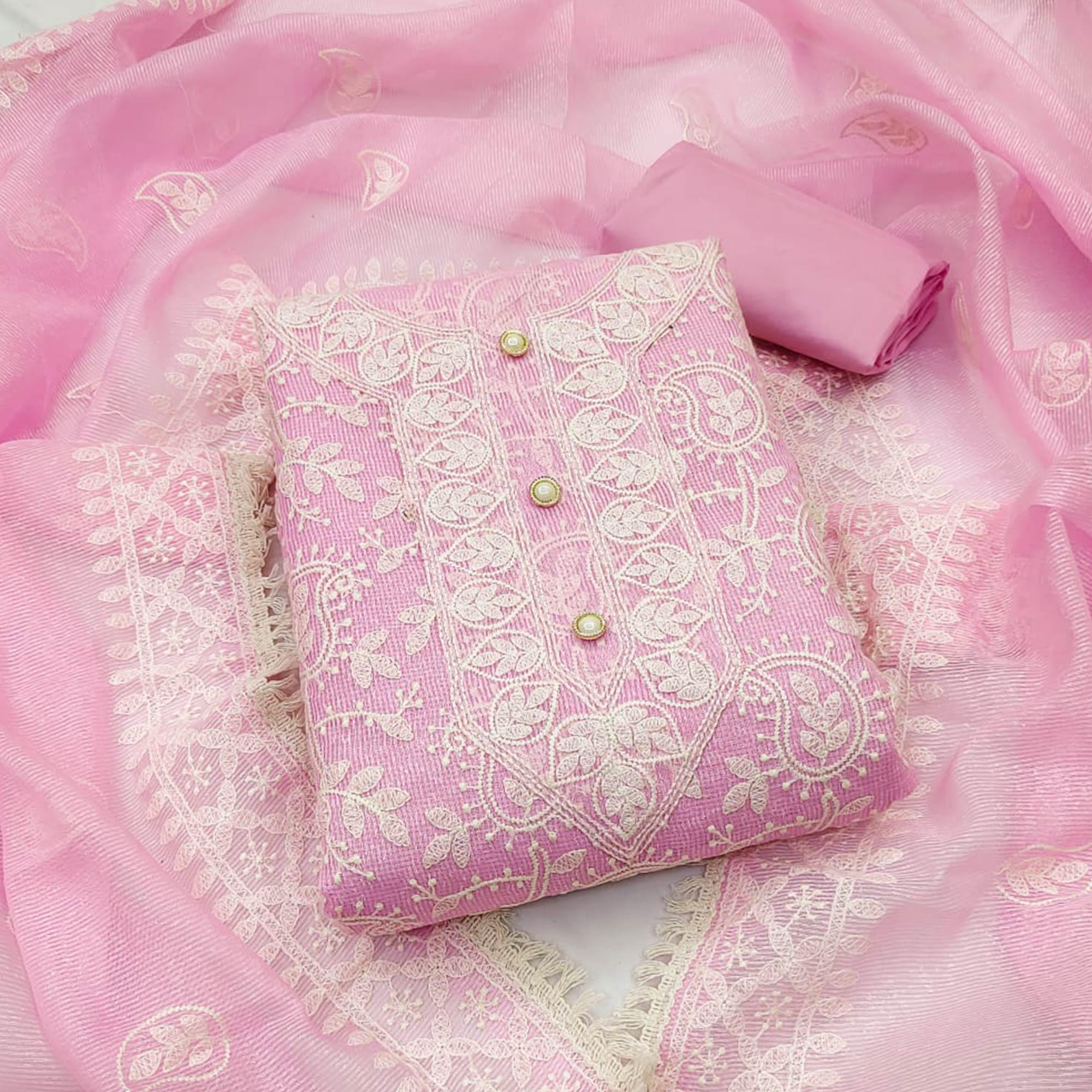 Pink Embroidered Pure Cotton Dress Material - Peachmode