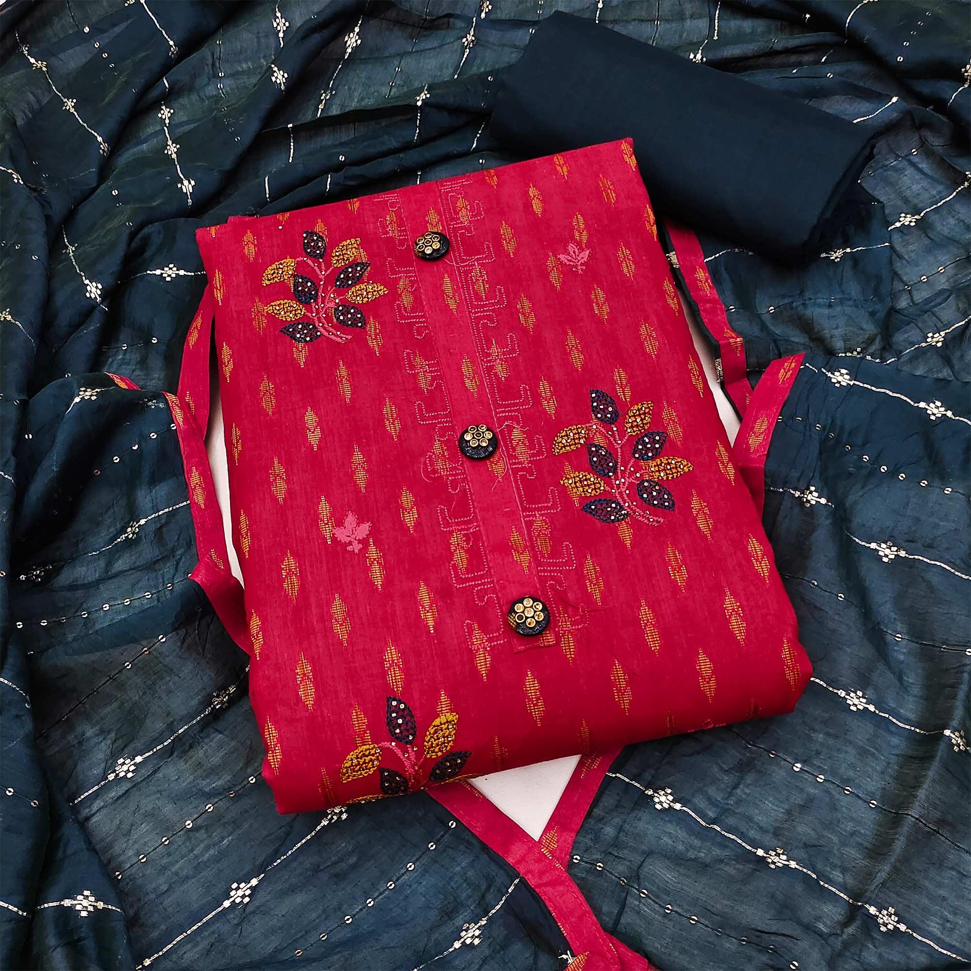 Pink Embroidered Pure Cotton Dress Material - Peachmode