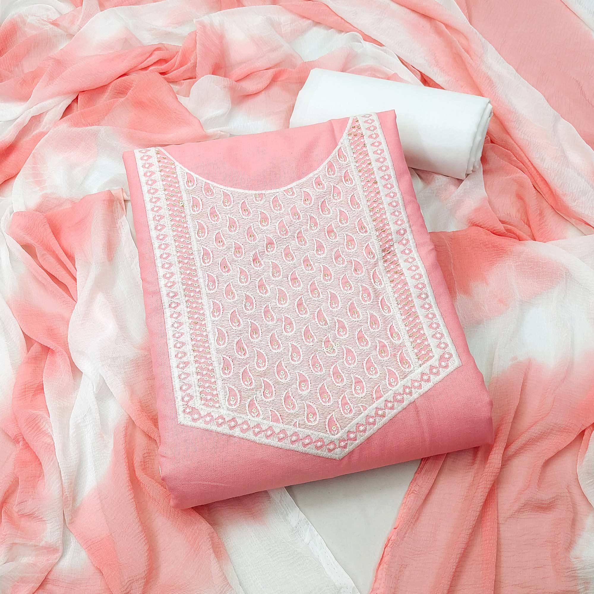 Pink Embroidered Pure Cotton Dress Material - Peachmode