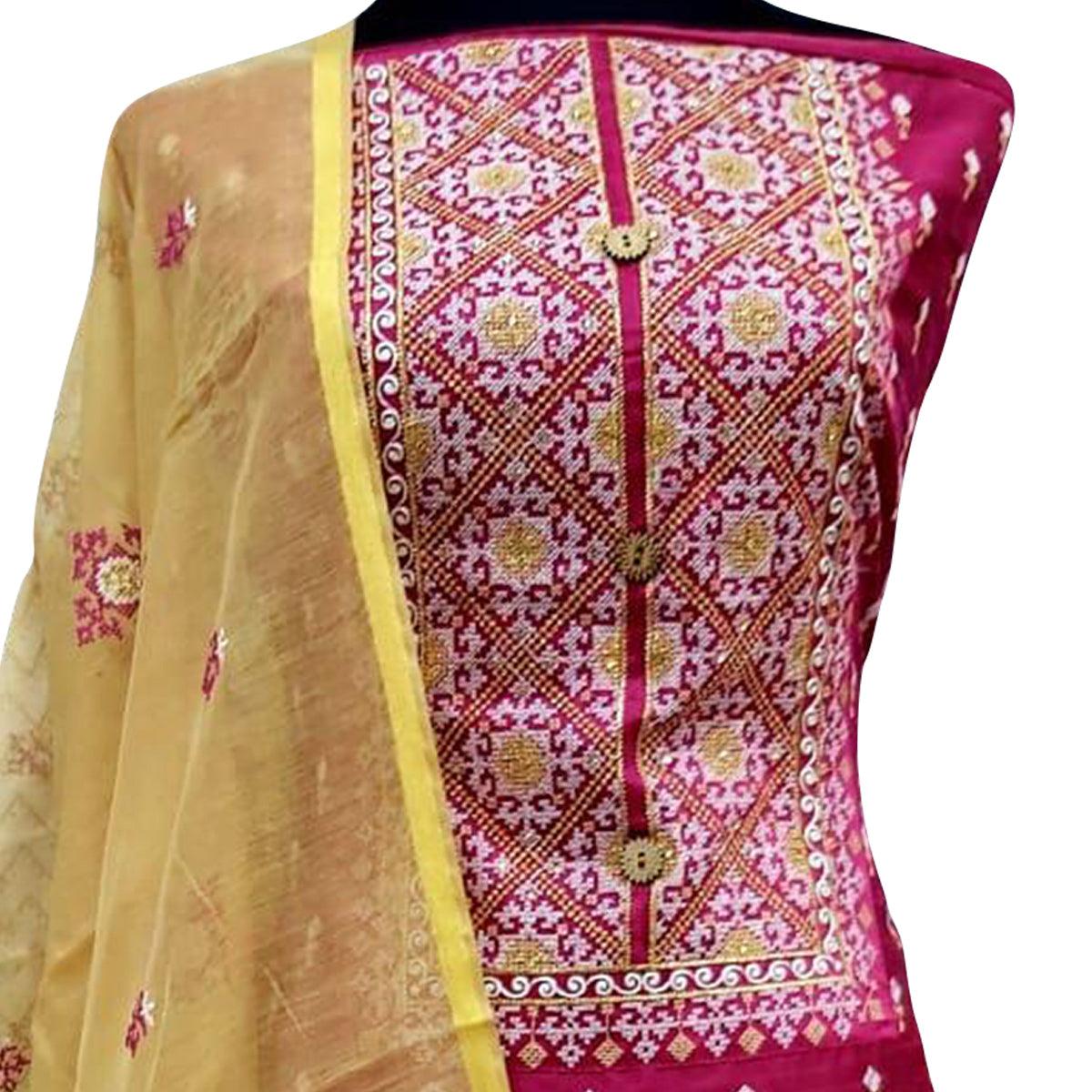 Pink Embroidered Pure Cotton Dress Material - Peachmode