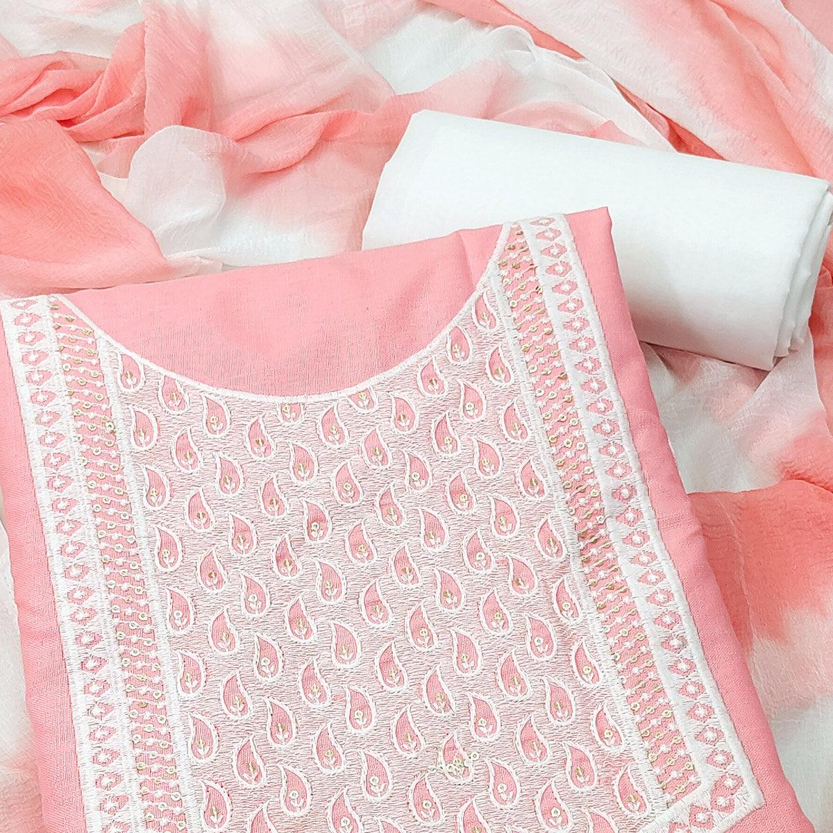 Pink Embroidered Pure Cotton Dress Material - Peachmode
