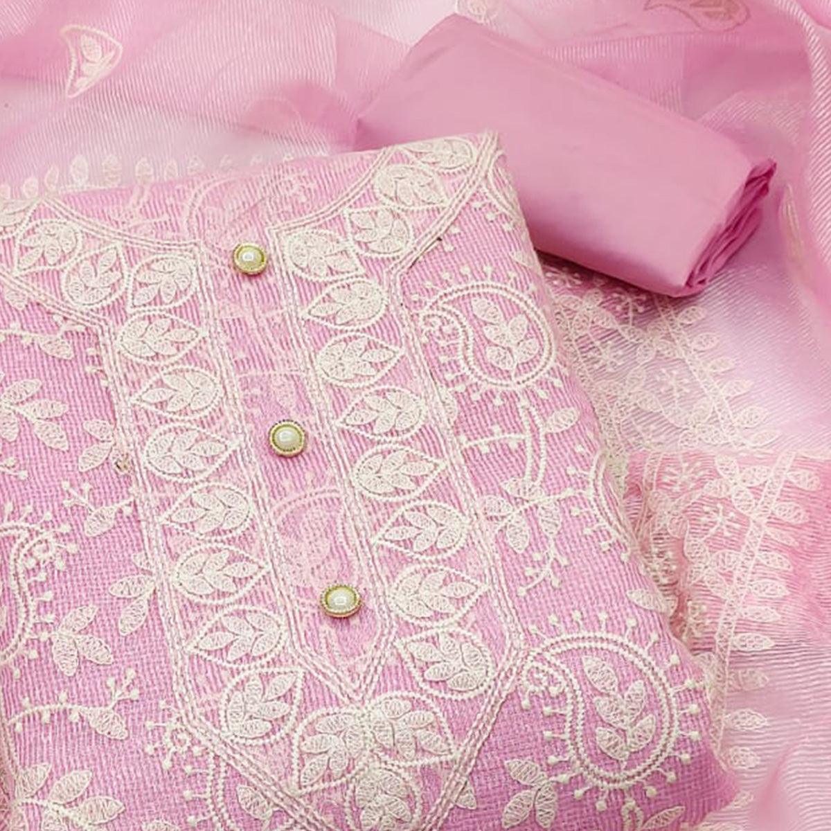 Pink Embroidered Pure Cotton Dress Material - Peachmode