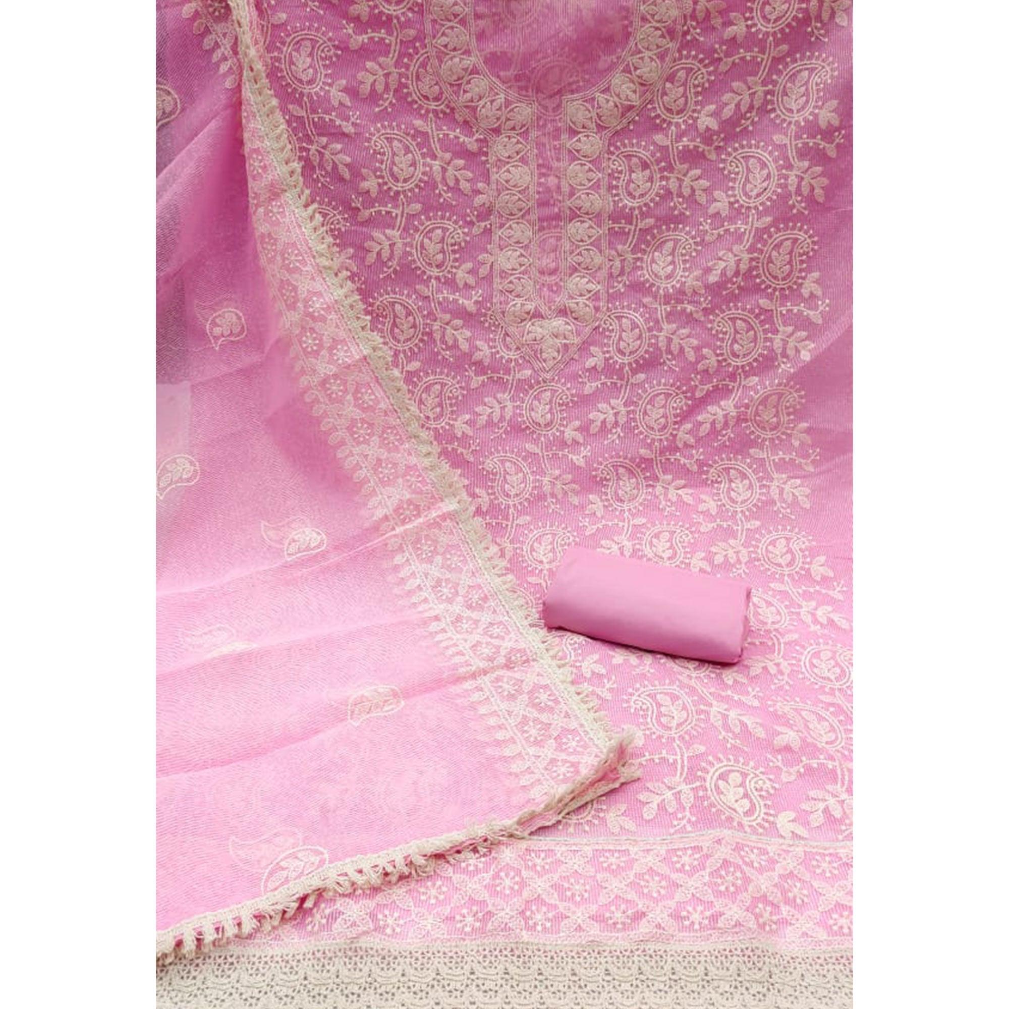 Pink Embroidered Pure Cotton Dress Material - Peachmode
