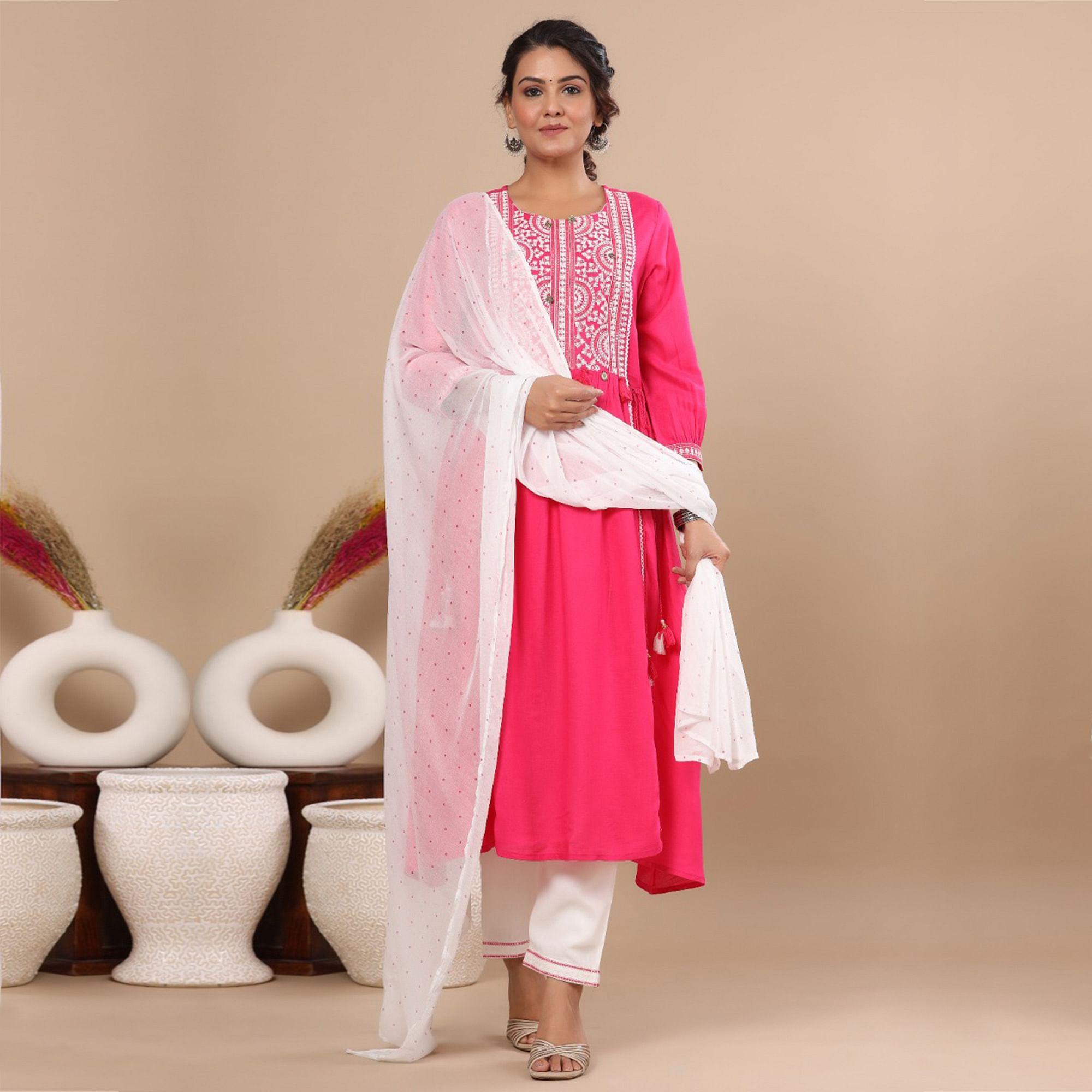 Pink Embroidered Pure Cotton Kurti Pant Set With Dupatta - Peachmode