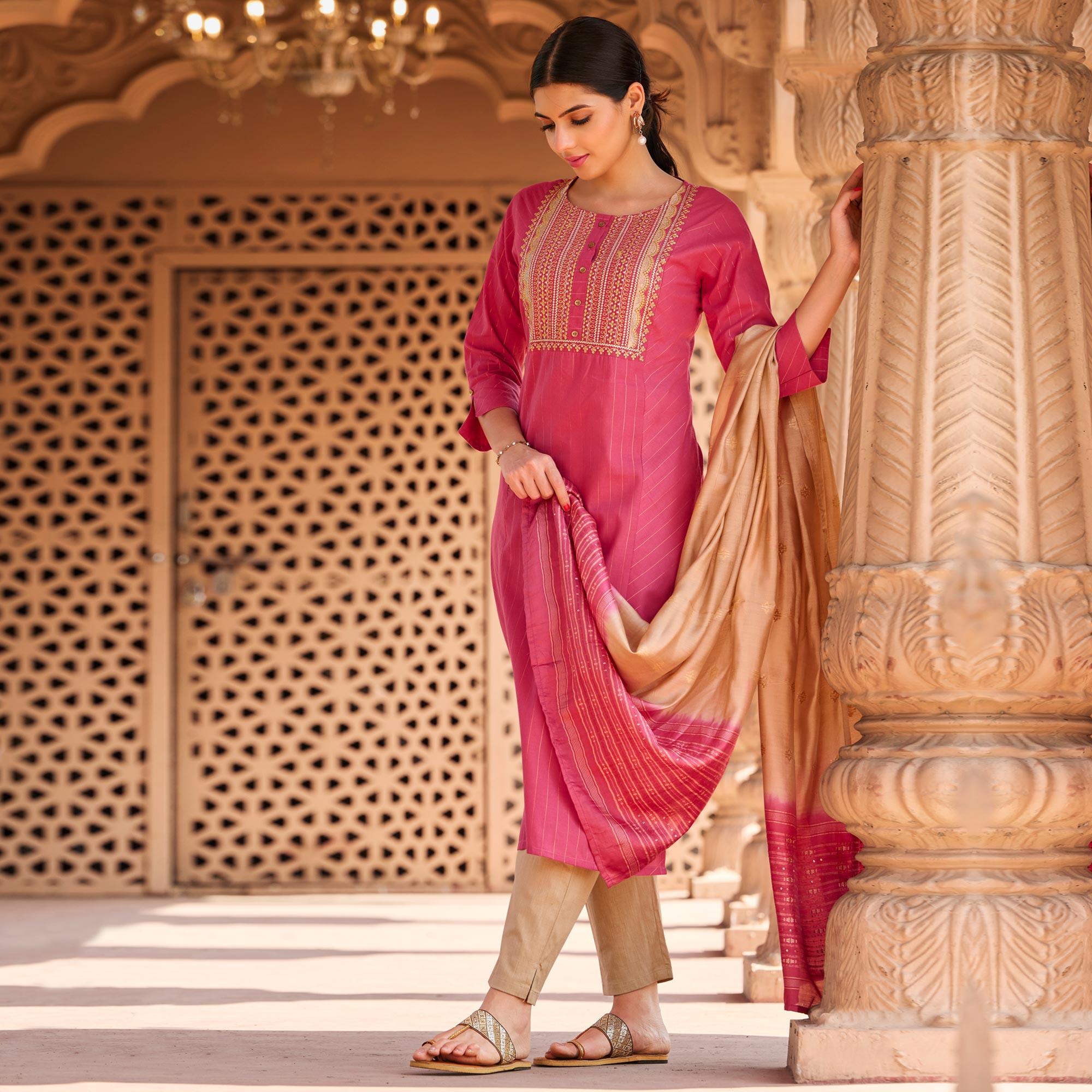 Pink Embroidered Pure Cotton Kurti Pant Set With Dupatta - Peachmode