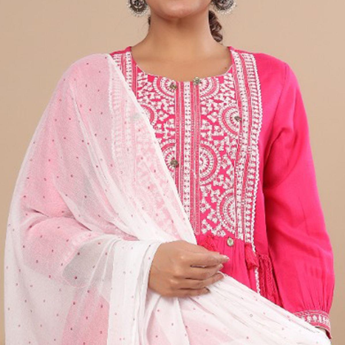 Pink Embroidered Pure Cotton Kurti Pant Set With Dupatta - Peachmode