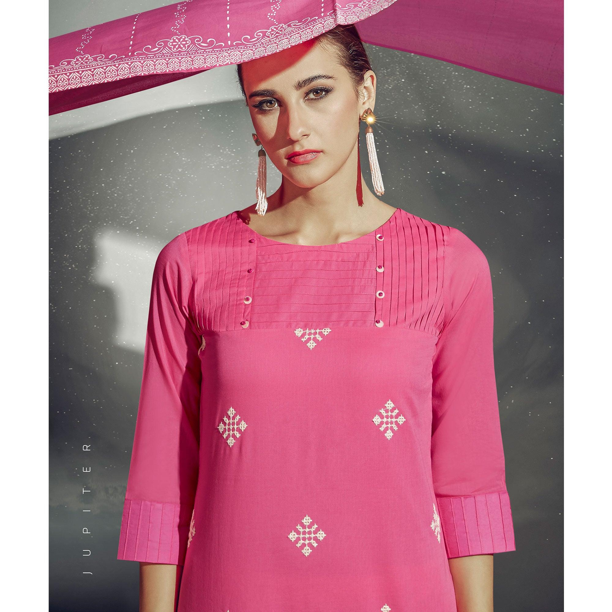 Pink Embroidered Pure Cotton Kurti-Pant Set With Dupatta - Peachmode
