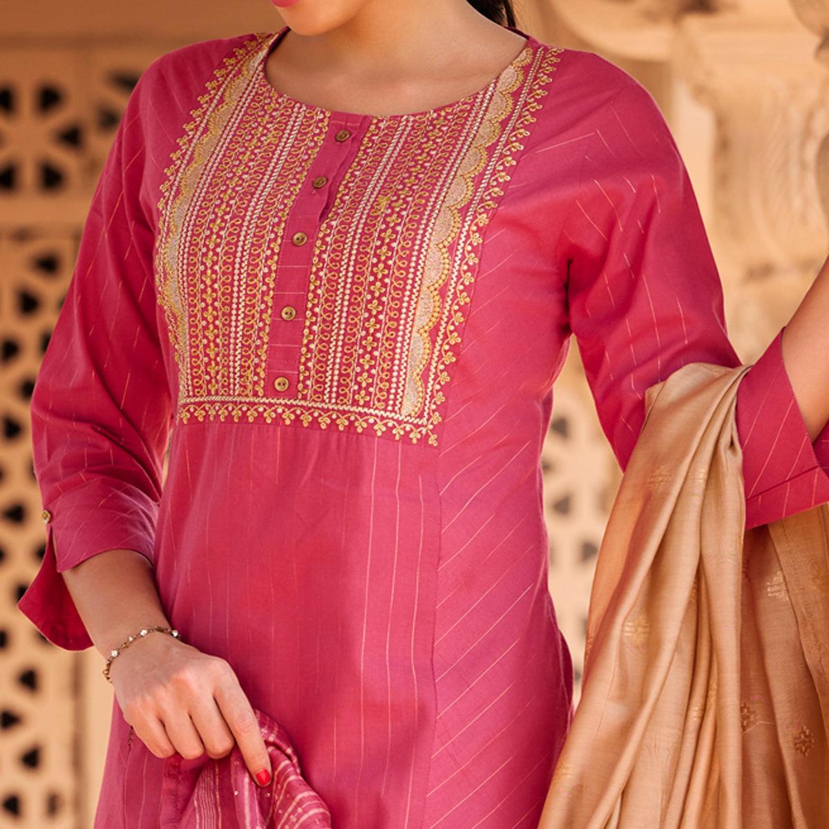 Pink Embroidered Pure Cotton Kurti Pant Set With Dupatta - Peachmode