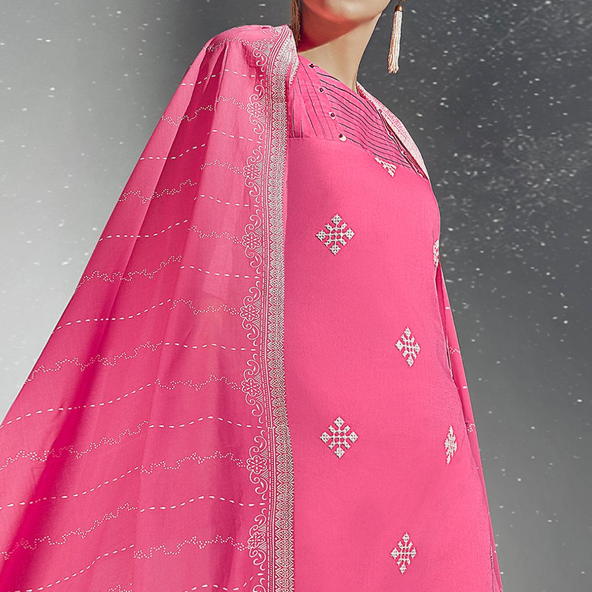 Pink Embroidered Pure Cotton Kurti-Pant Set With Dupatta - Peachmode
