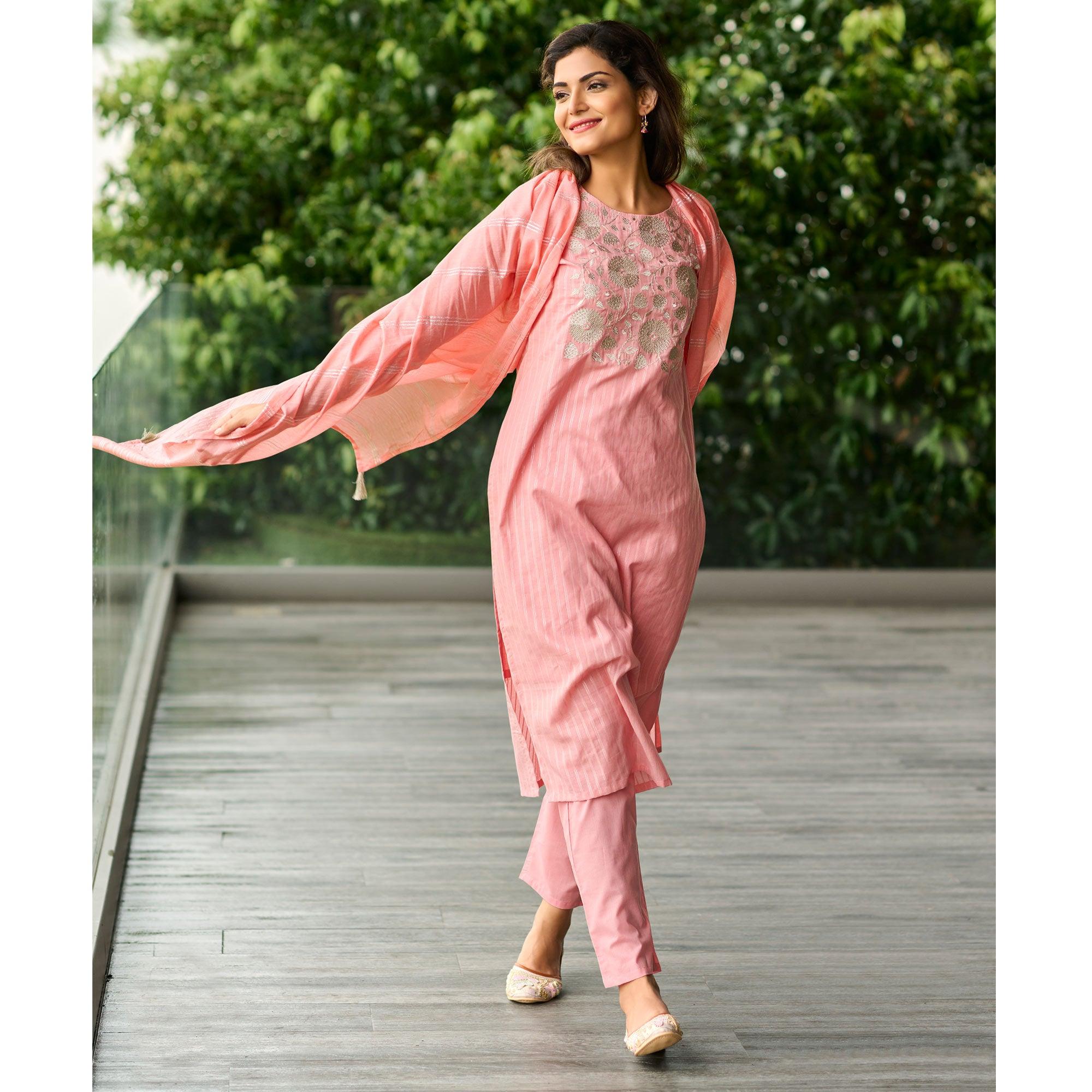 Pink Embroidered Pure Cotton Kurti Pant Set With Dupatta - Peachmode