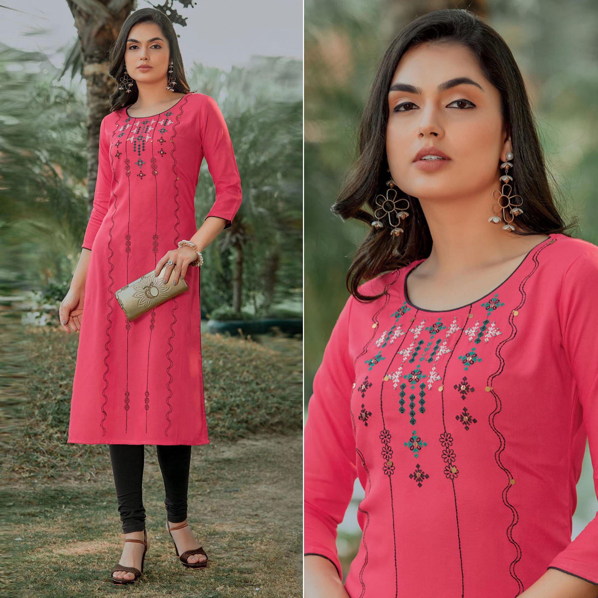 Pink Embroidered Pure Cotton Kurti - Peachmode