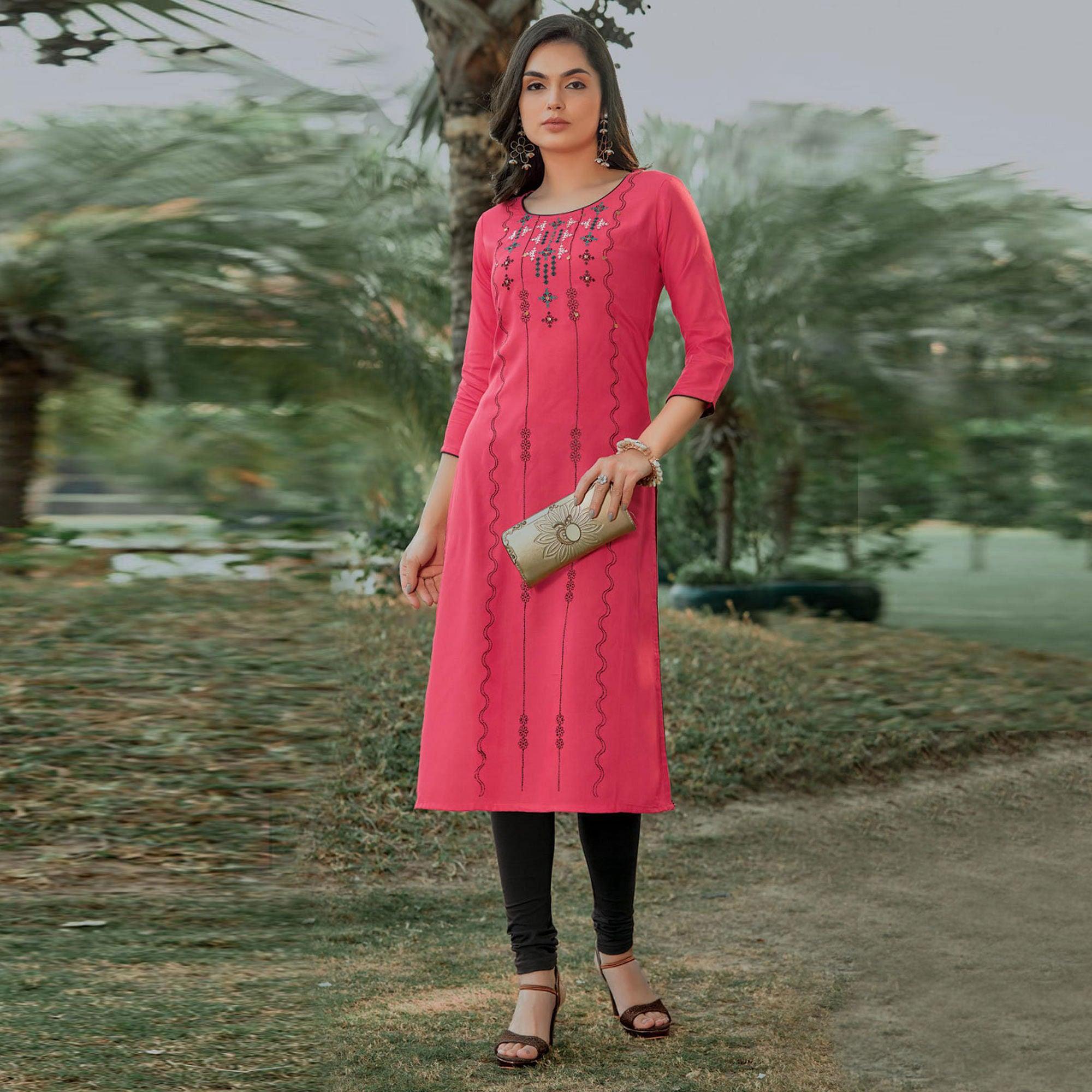 Pink Embroidered Pure Cotton Kurti - Peachmode