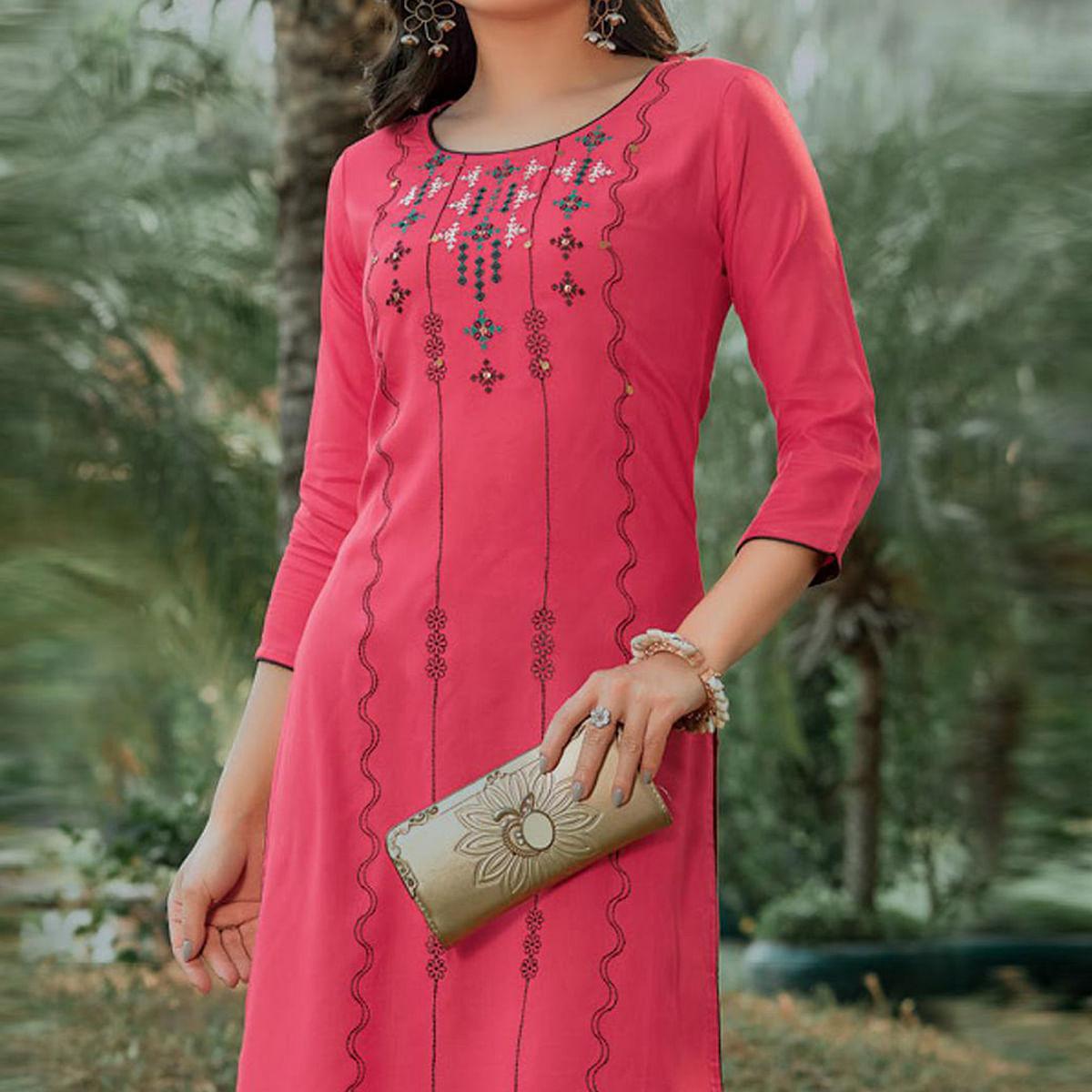 Pink Embroidered Pure Cotton Kurti - Peachmode