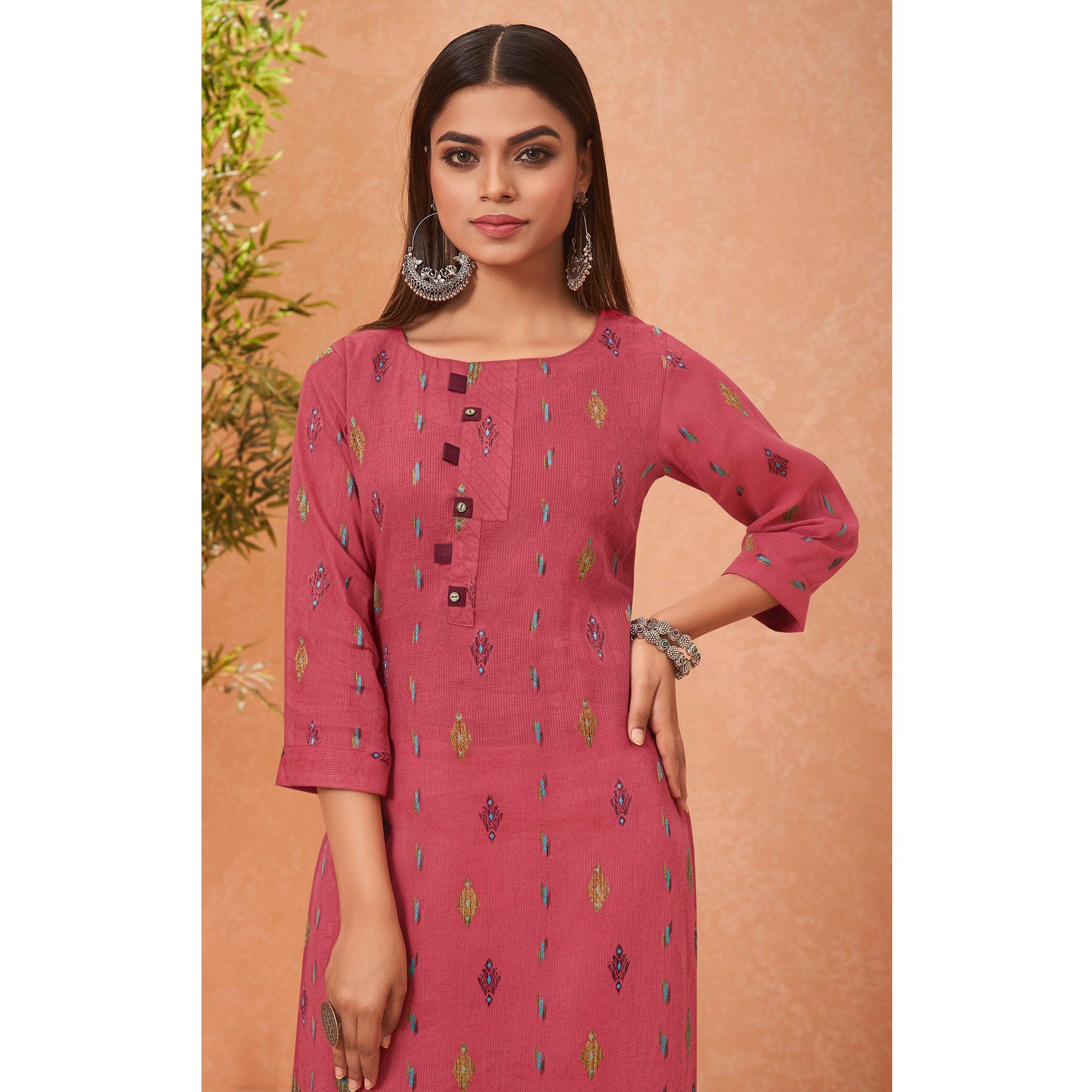 Pink Embroidered Pure Cotton Kurti - Peachmode